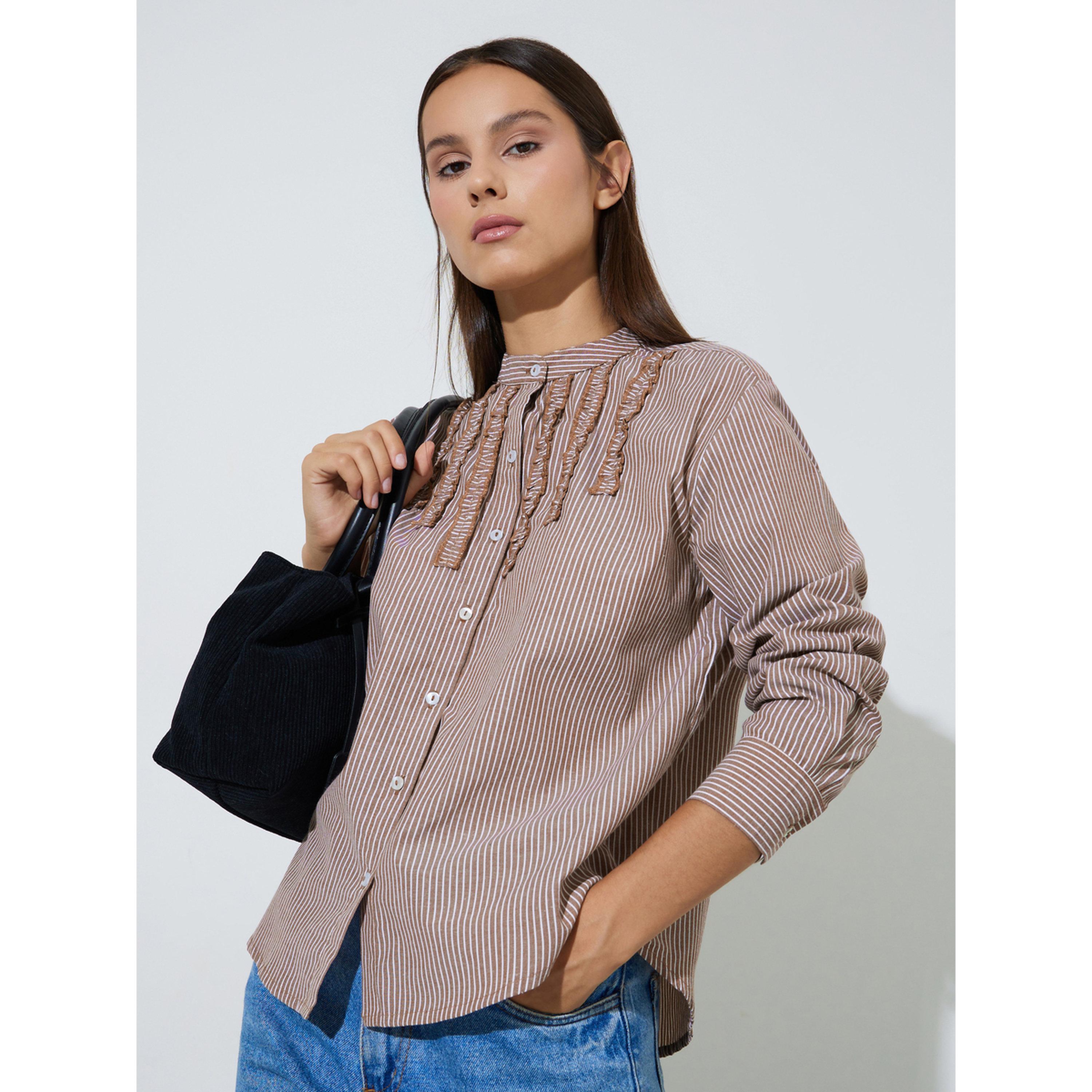 Styli Brown Striped Mandarin Collar Long Sleeves Shirt-women-clothing-shirtsandblouses-shirts-image-1