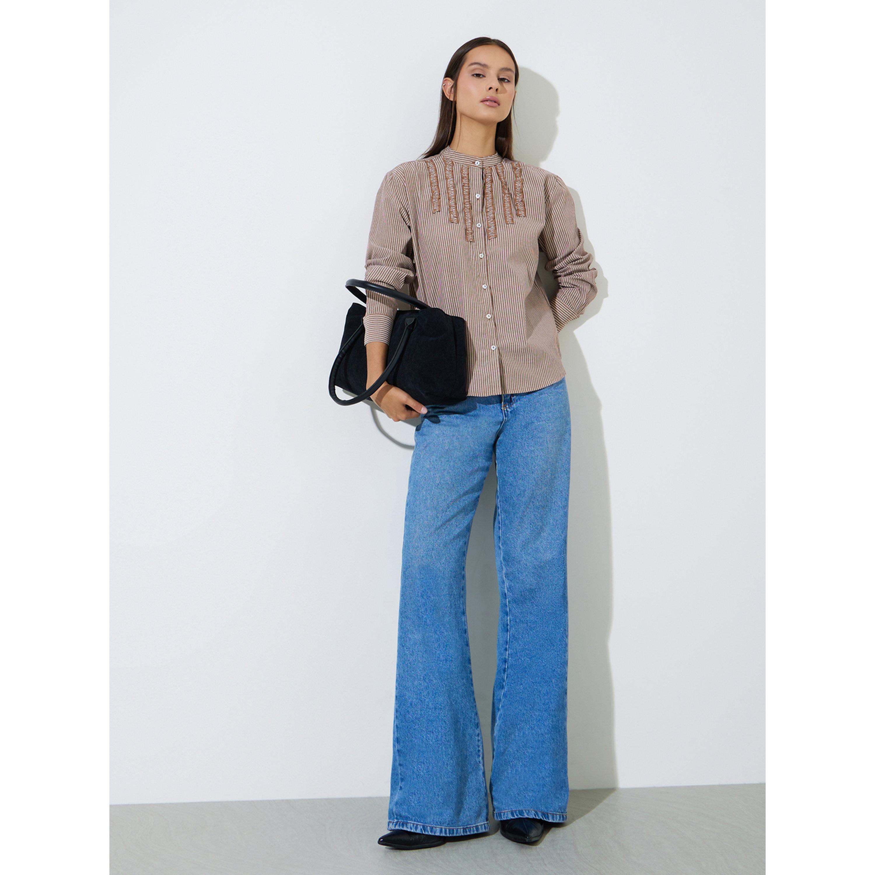 Styli Brown Striped Mandarin Collar Long Sleeves Shirt-women-clothing-shirtsandblouses-shirts-image-2