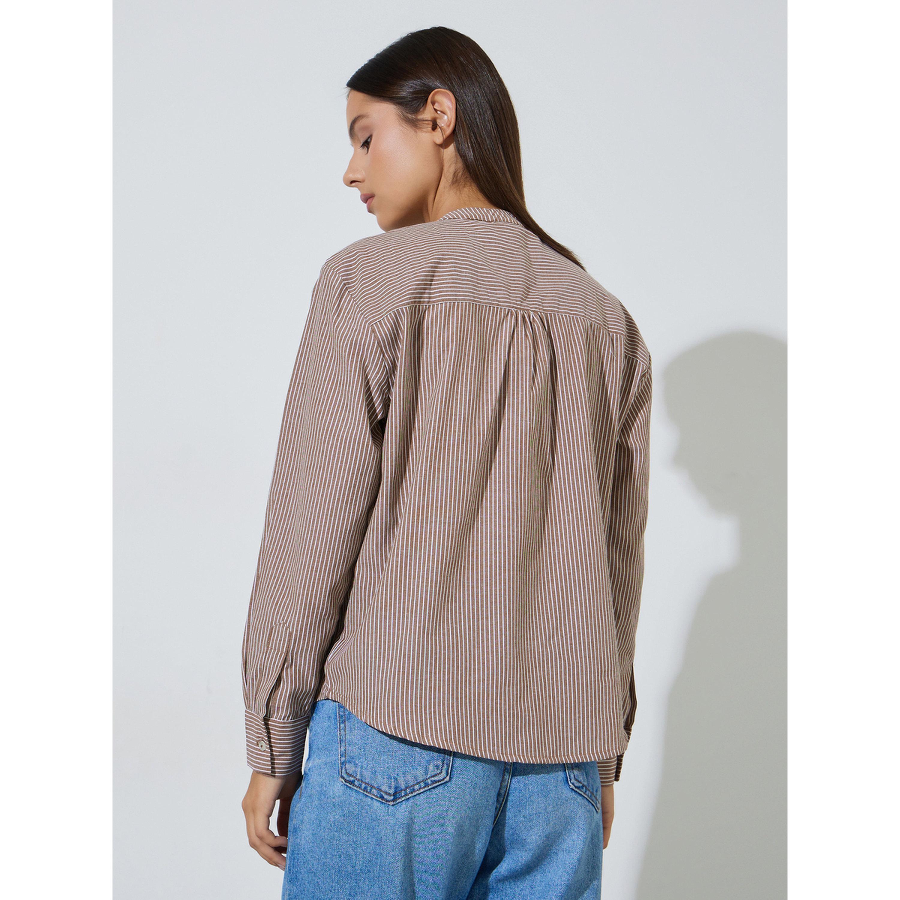 Styli Brown Striped Mandarin Collar Long Sleeves Shirt-women-clothing-shirtsandblouses-shirts-image-3