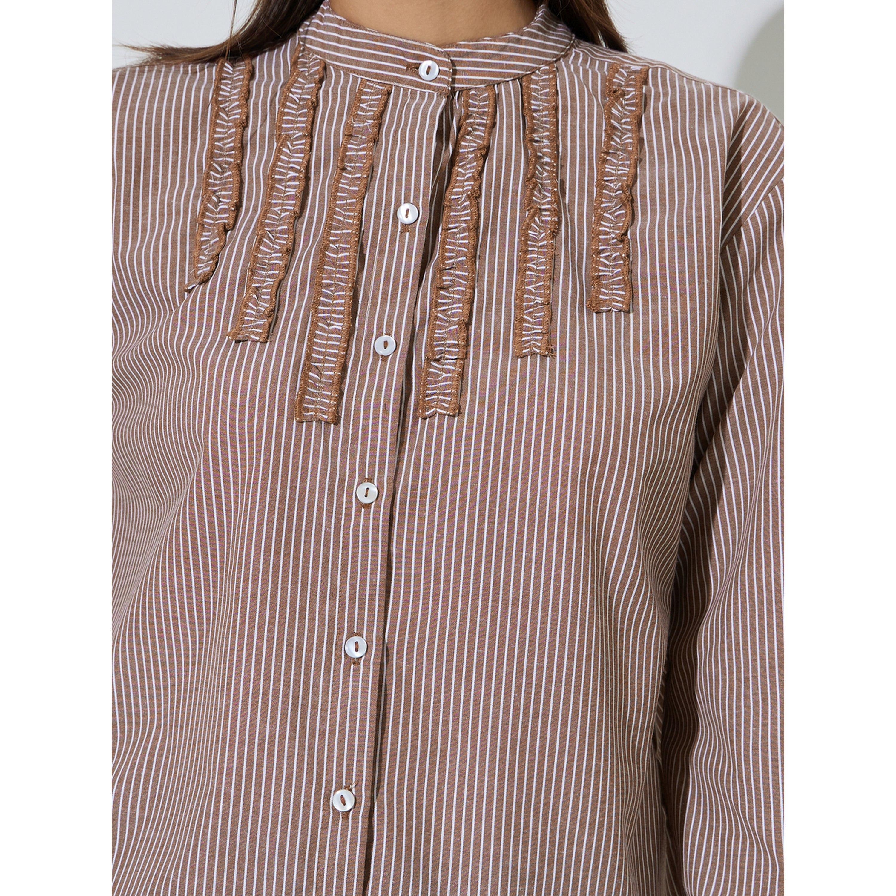 Styli Brown Striped Mandarin Collar Long Sleeves Shirt-women-clothing-shirtsandblouses-shirts-image-4