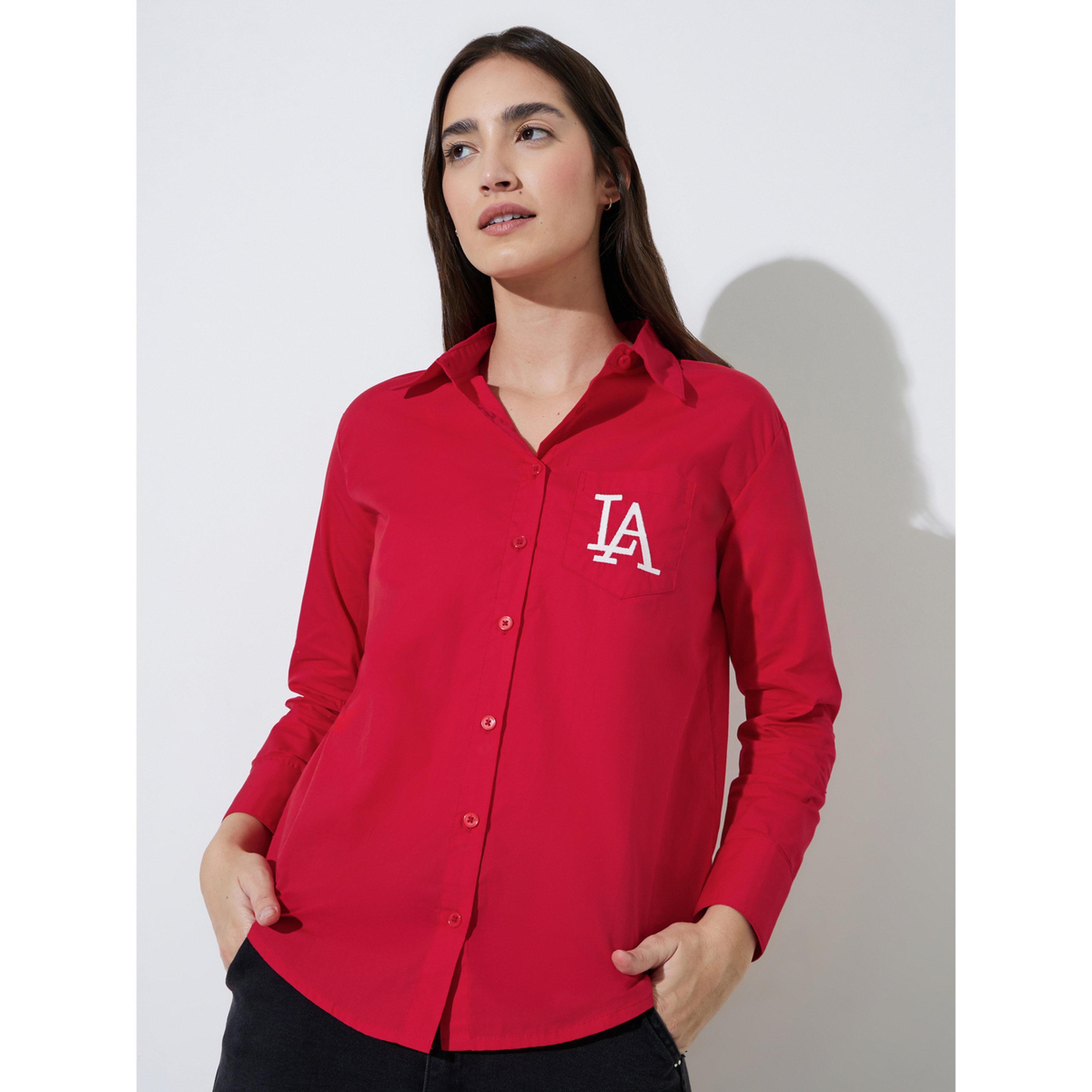 Styli Red Solid Embroidered Chest Pocket Relaxed Fit Shirt-women-clothing-shirtsandblouses-shirts-image-1