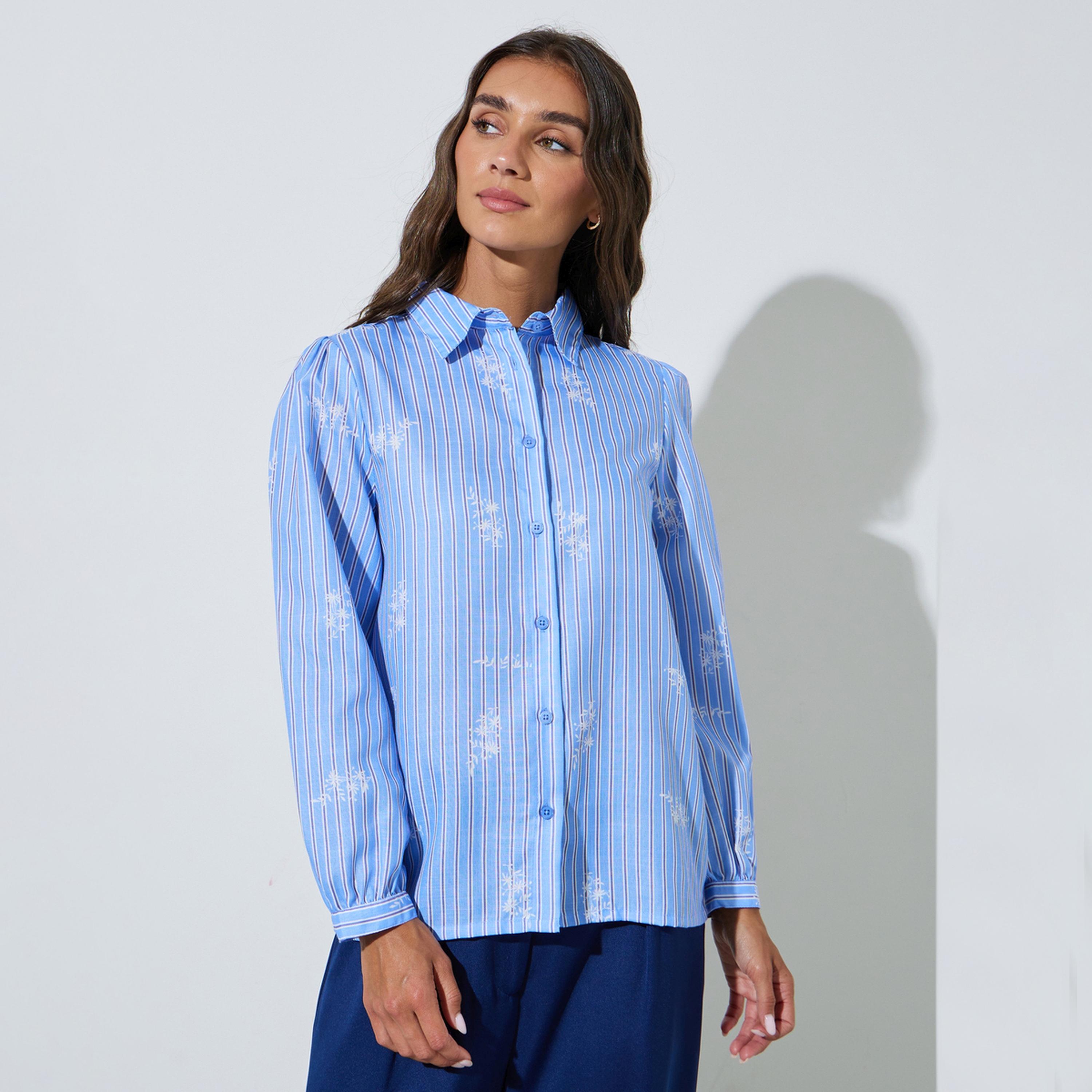 بلوزة بأكمام طويلة بنمط مخطط وطبعة جرافيك-women-clothing-shirtsandblouses-shirts-image-1