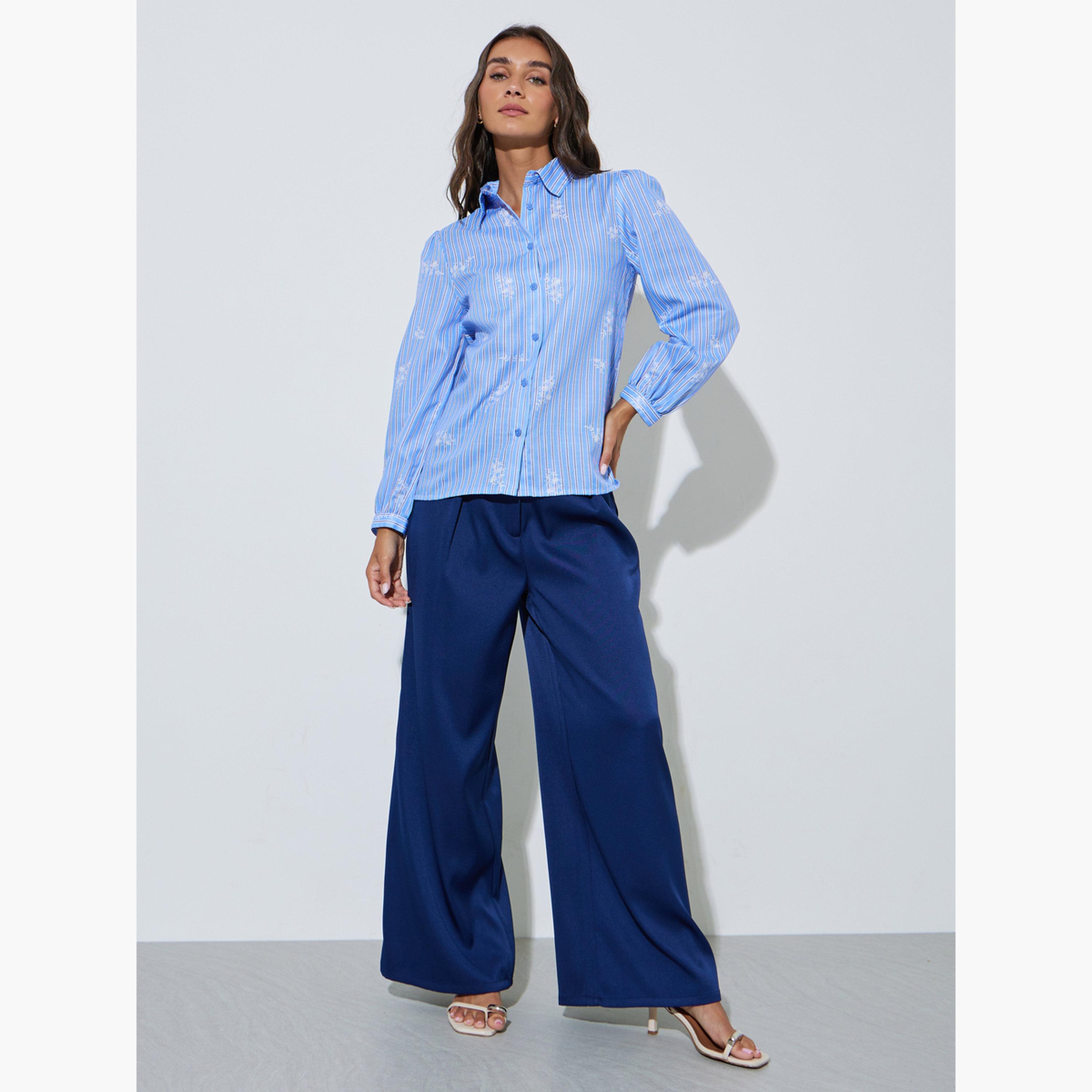 بلوزة بأكمام طويلة بنمط مخطط وطبعة جرافيك-women-clothing-shirtsandblouses-shirts-image-2