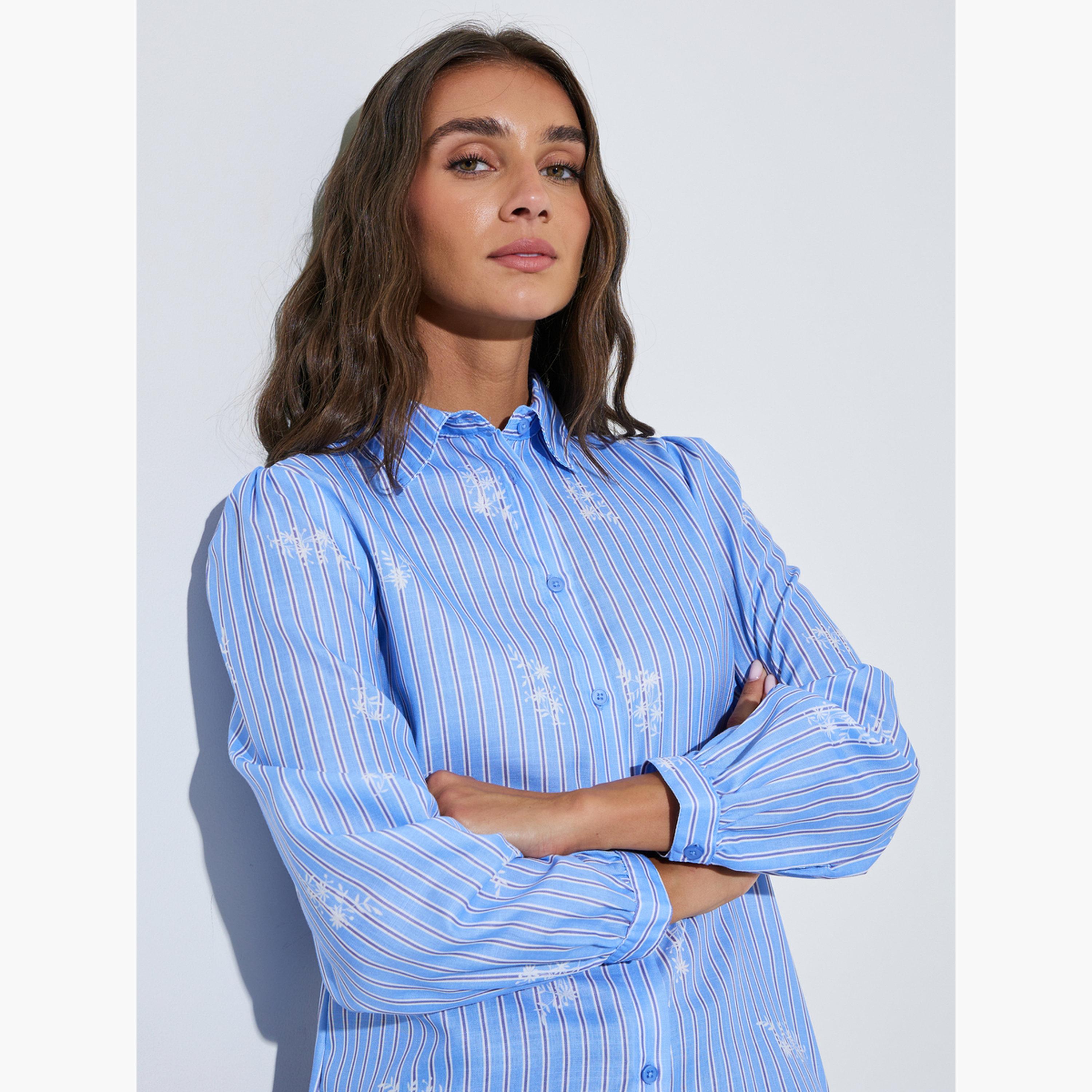 بلوزة بأكمام طويلة بنمط مخطط وطبعة جرافيك-women-clothing-shirtsandblouses-shirts-image-3