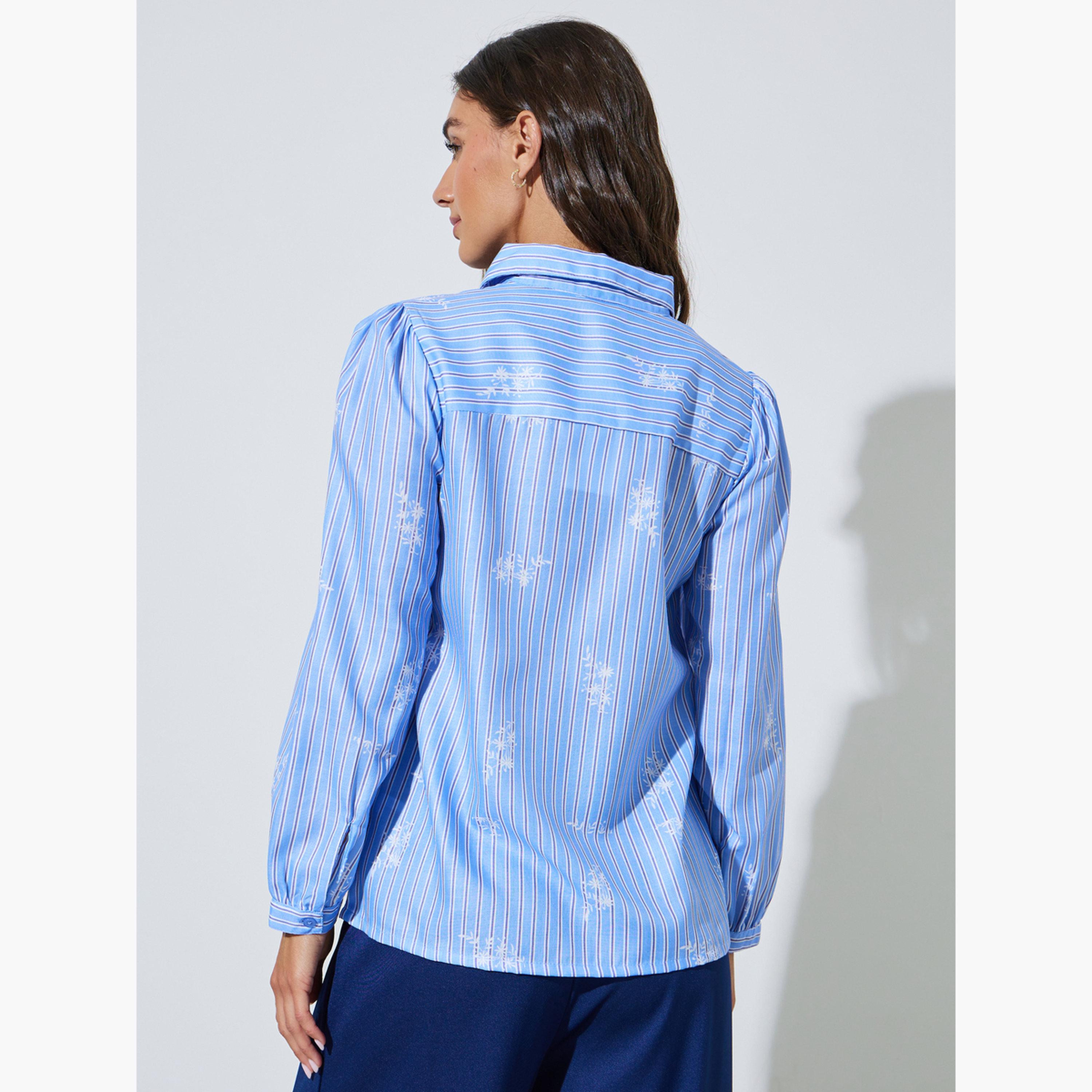 بلوزة بأكمام طويلة بنمط مخطط وطبعة جرافيك-women-clothing-shirtsandblouses-shirts-image-4
