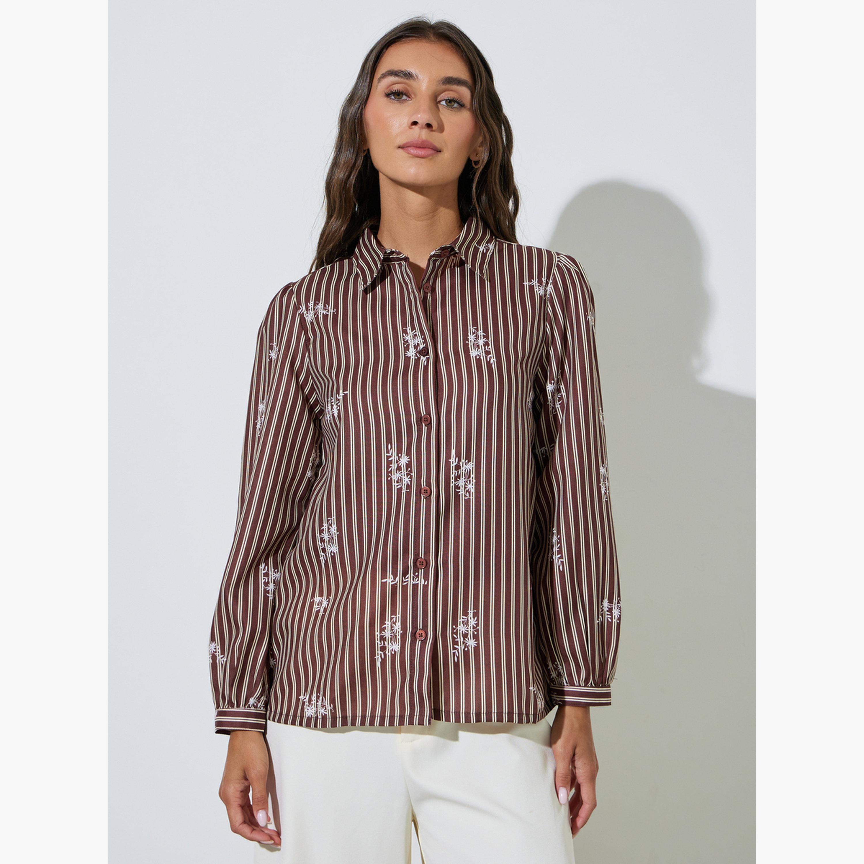 بلوزة أكمام طويلة بنمط مخطط وطبعة جرافيك-women-clothing-shirtsandblouses-shirts-image-1