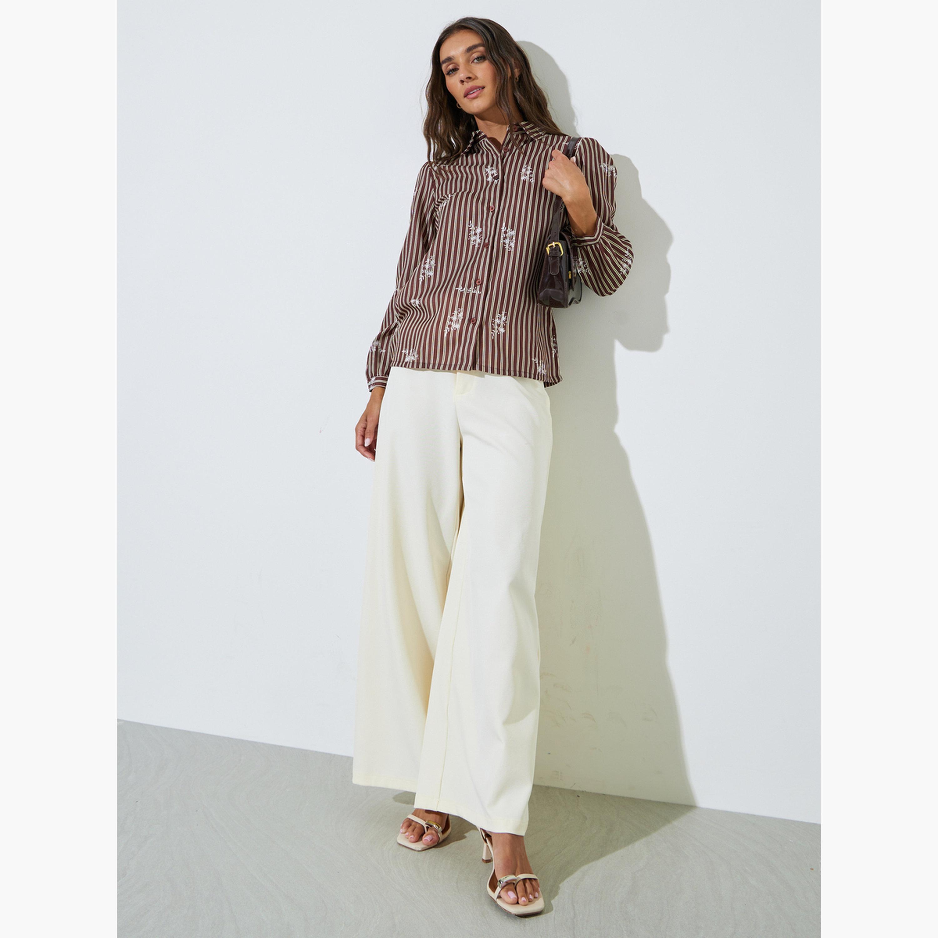 بلوزة أكمام طويلة بنمط مخطط وطبعة جرافيك-women-clothing-shirtsandblouses-shirts-image-2