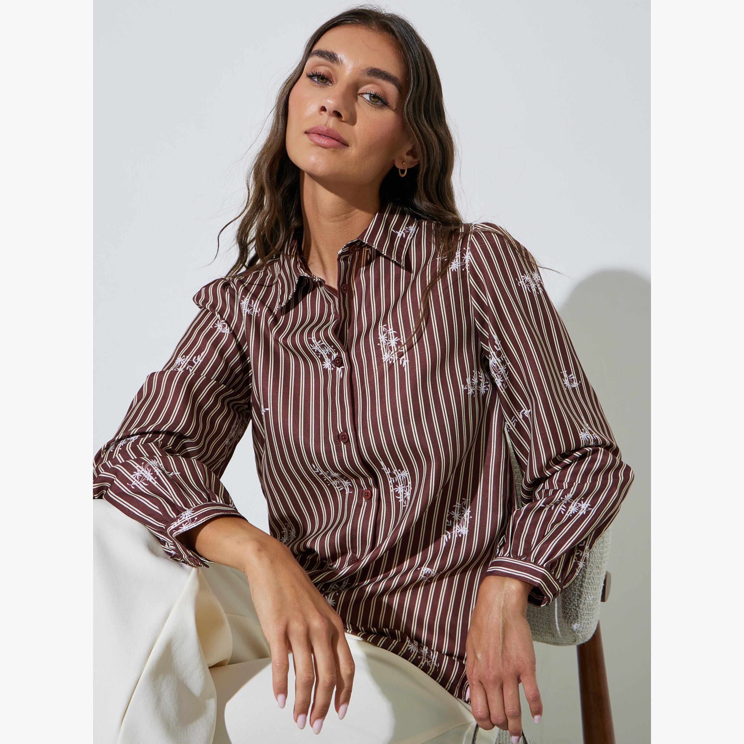 بلوزة أكمام طويلة بنمط مخطط وطبعة جرافيك-women-clothing-shirtsandblouses-shirts-image-3