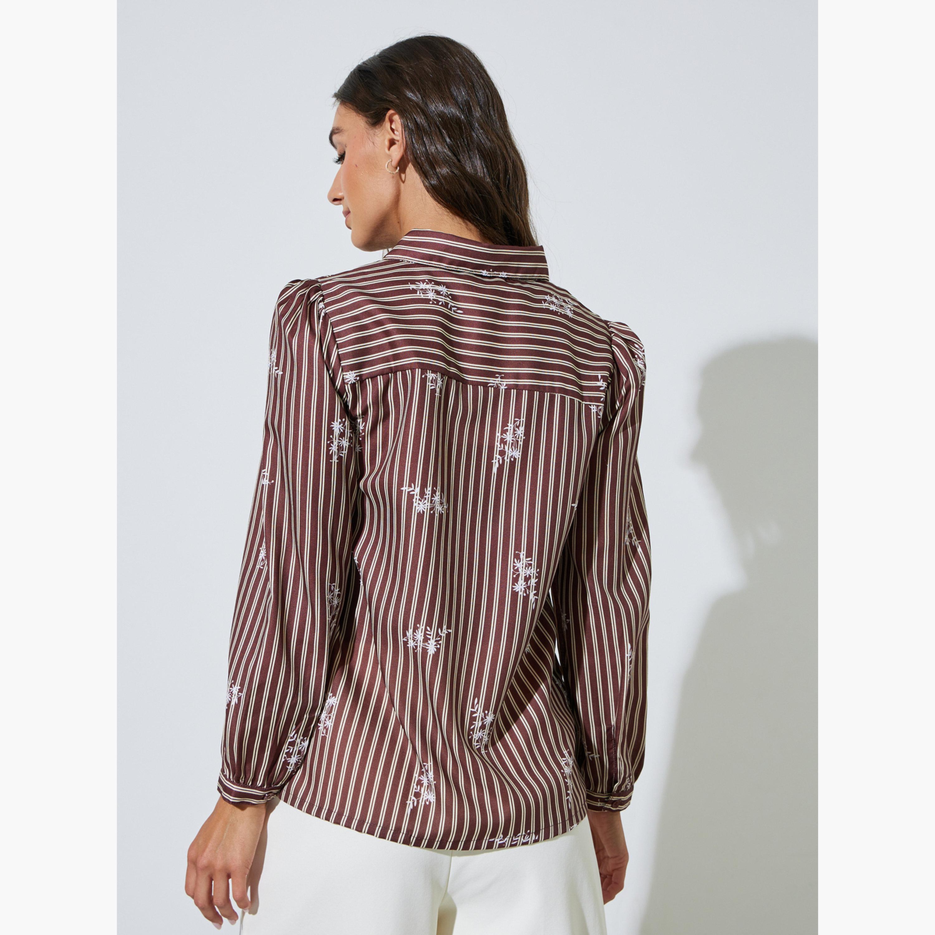 بلوزة أكمام طويلة بنمط مخطط وطبعة جرافيك-women-clothing-shirtsandblouses-shirts-image-4