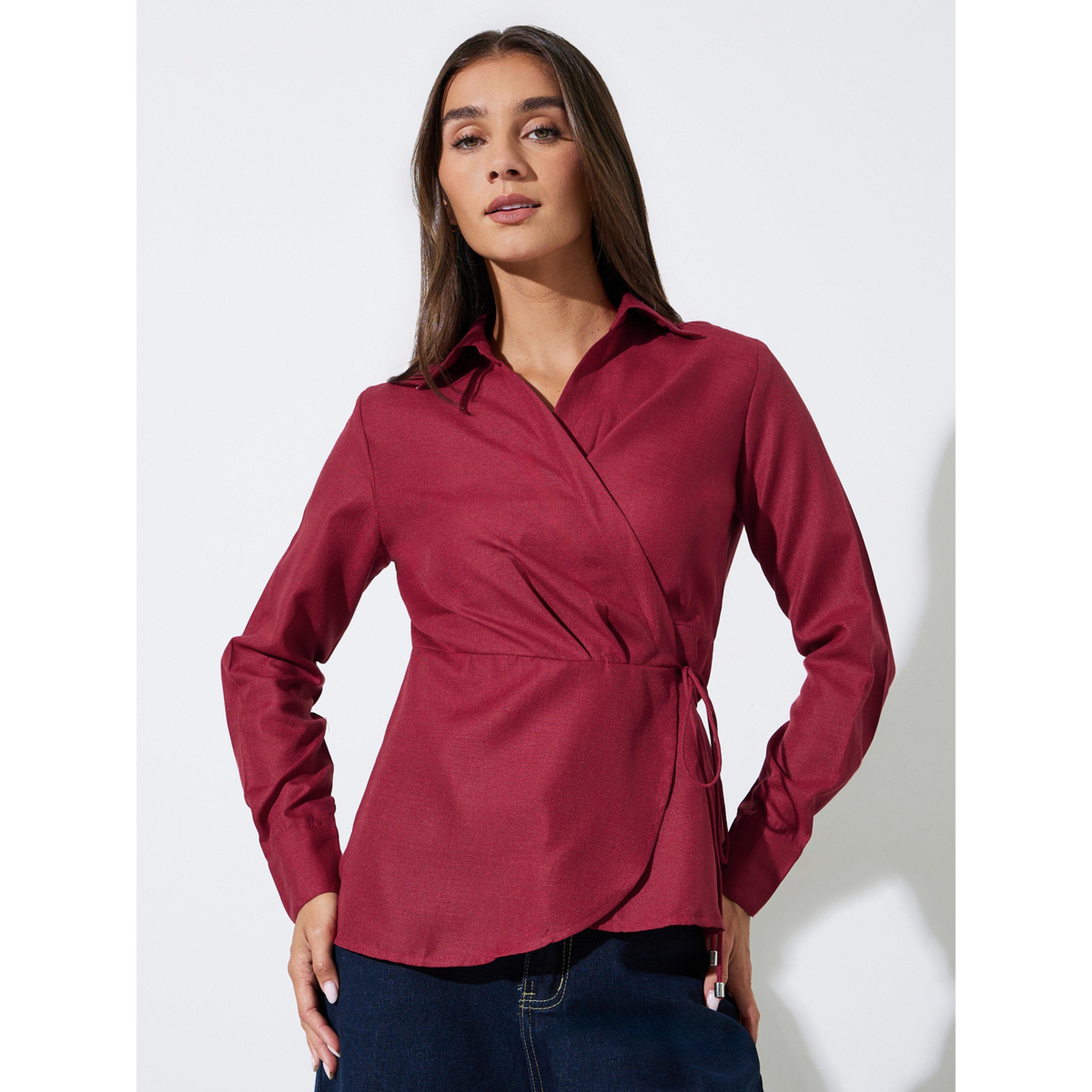 Styli Burgundy Collared Tie-Up Wrap Blouse-women-clothing-shirtsandblouses-blouses-image-1