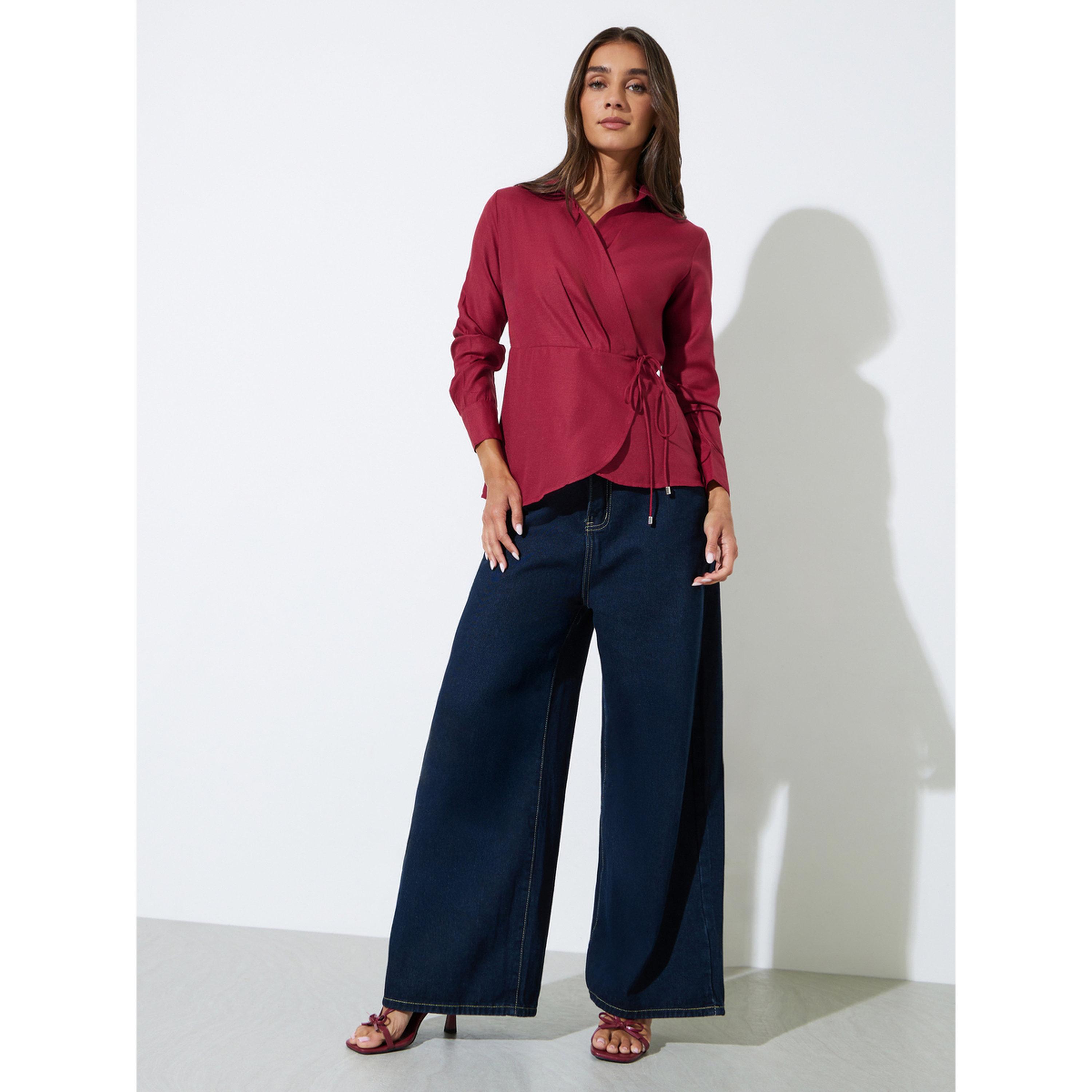 Styli Burgundy Collared Tie-Up Wrap Blouse-women-clothing-shirtsandblouses-blouses-image-2