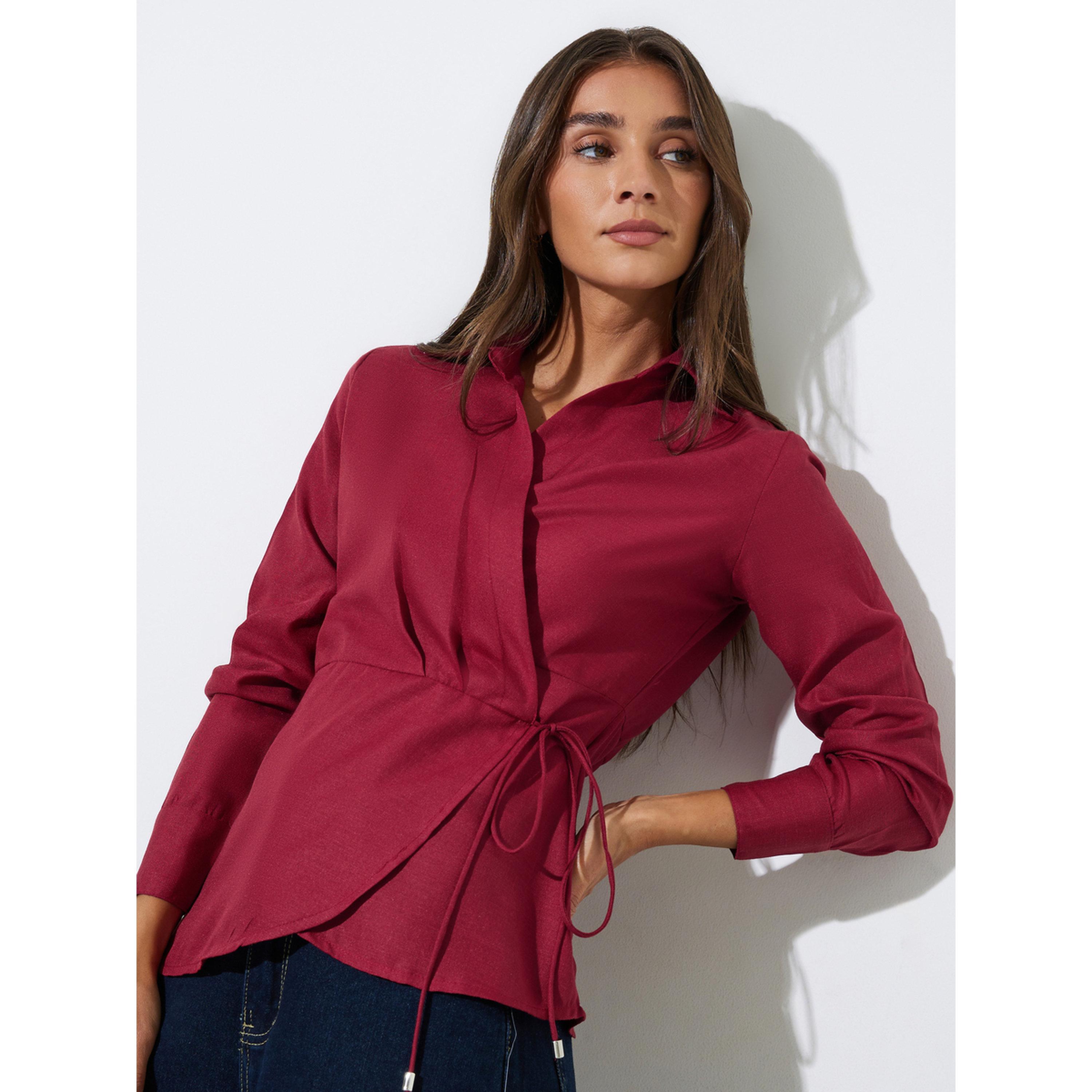 Styli Burgundy Collared Tie-Up Wrap Blouse-women-clothing-shirtsandblouses-blouses-image-3