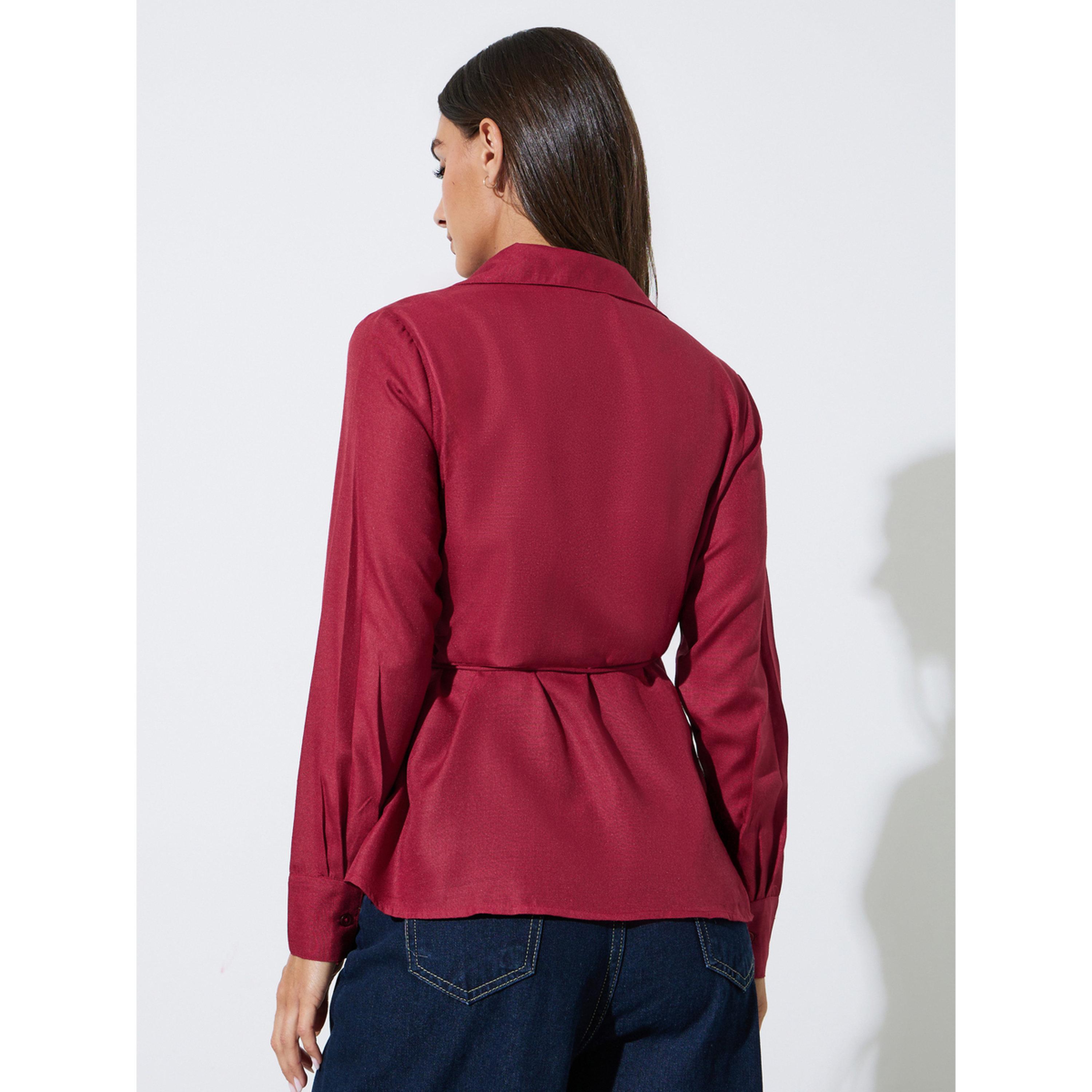 Styli Burgundy Collared Tie-Up Wrap Blouse-women-clothing-shirtsandblouses-blouses-image-4