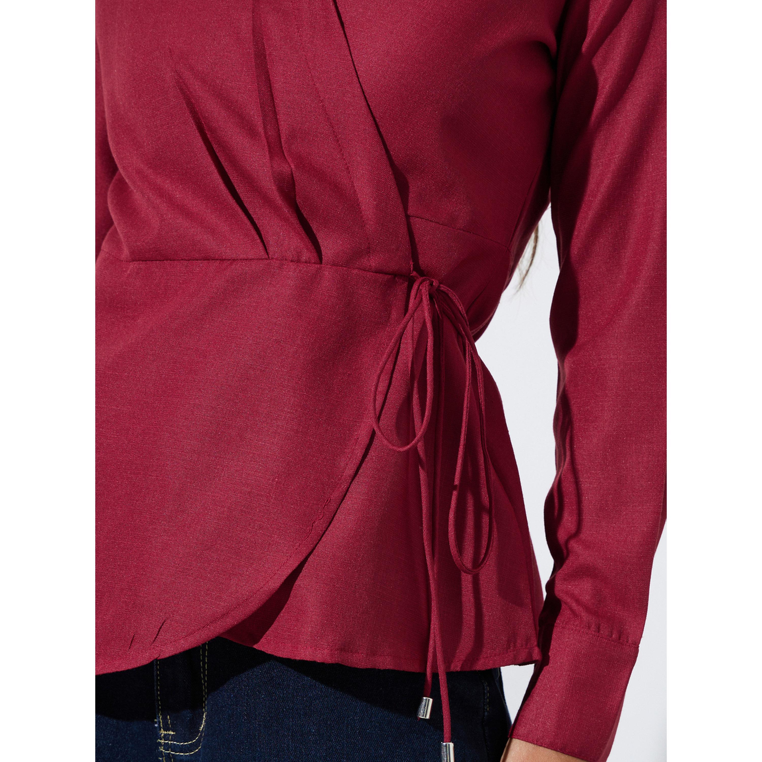 Styli Burgundy Collared Tie-Up Wrap Blouse-women-clothing-shirtsandblouses-blouses-image-5