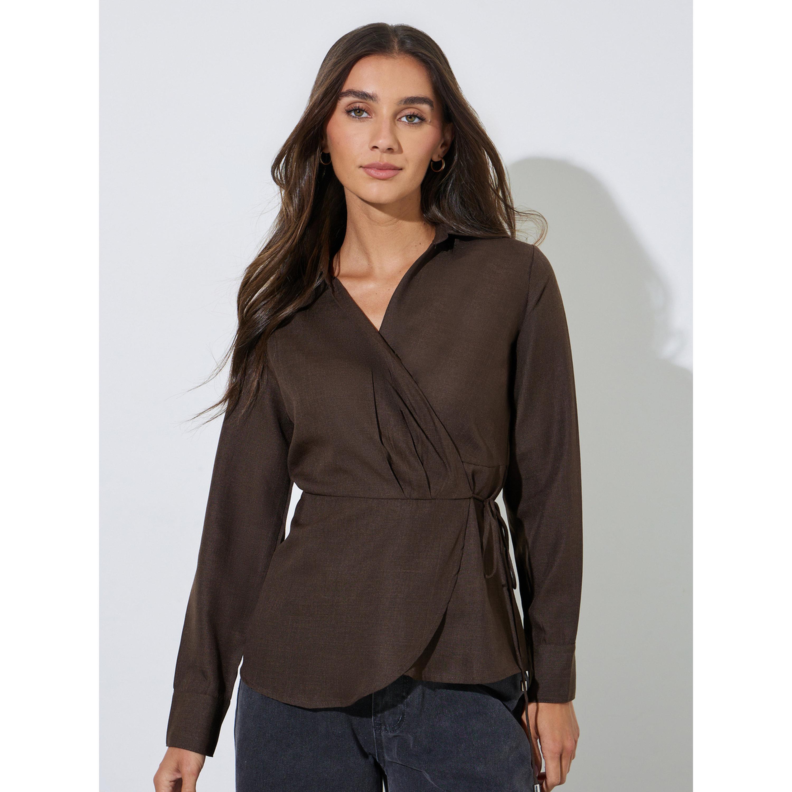 Styli Brown Collared Tie-Up Wrap Blouse-women-clothing-shirtsandblouses-blouses-image-1