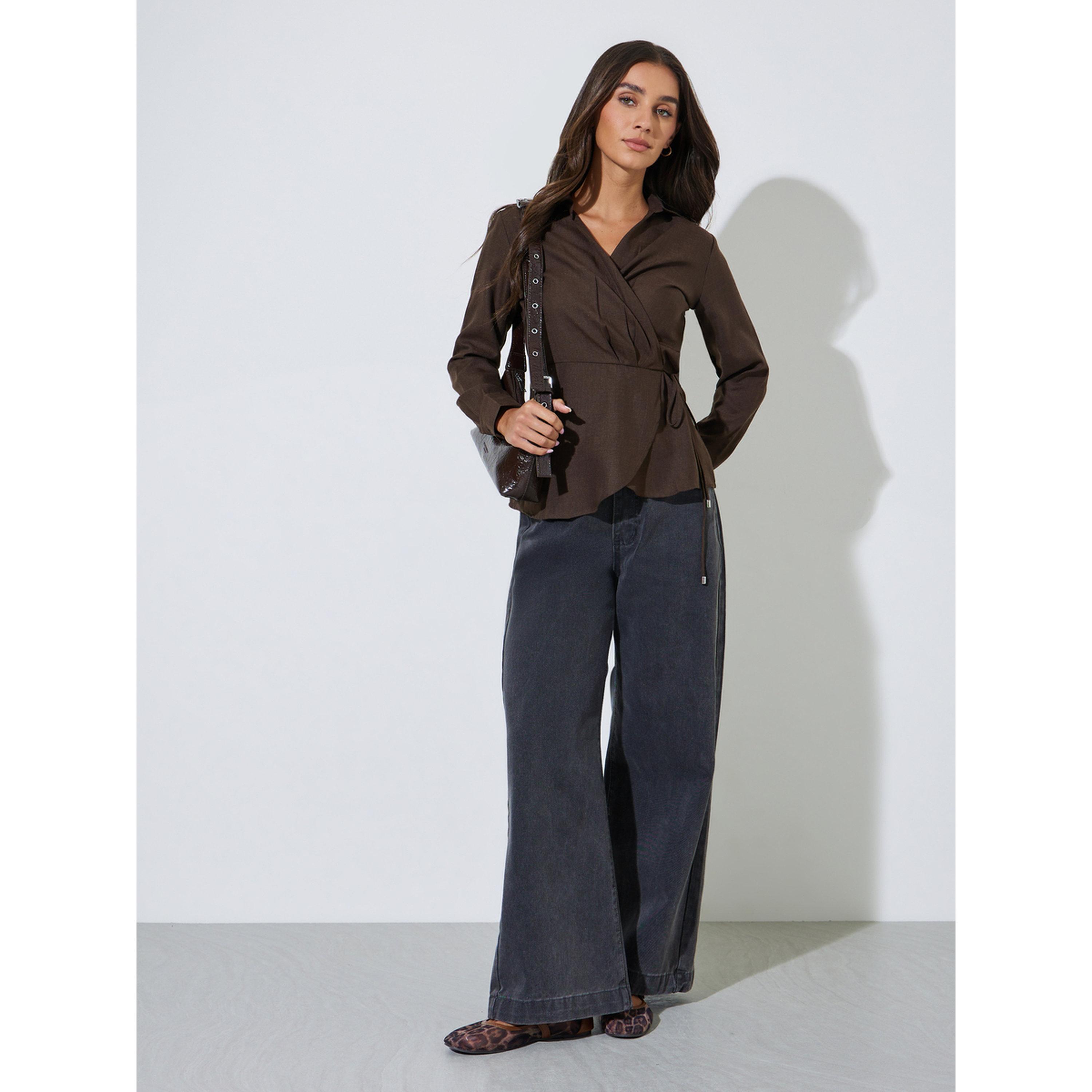 Styli Brown Collared Tie-Up Wrap Blouse-women-clothing-shirtsandblouses-blouses-image-2
