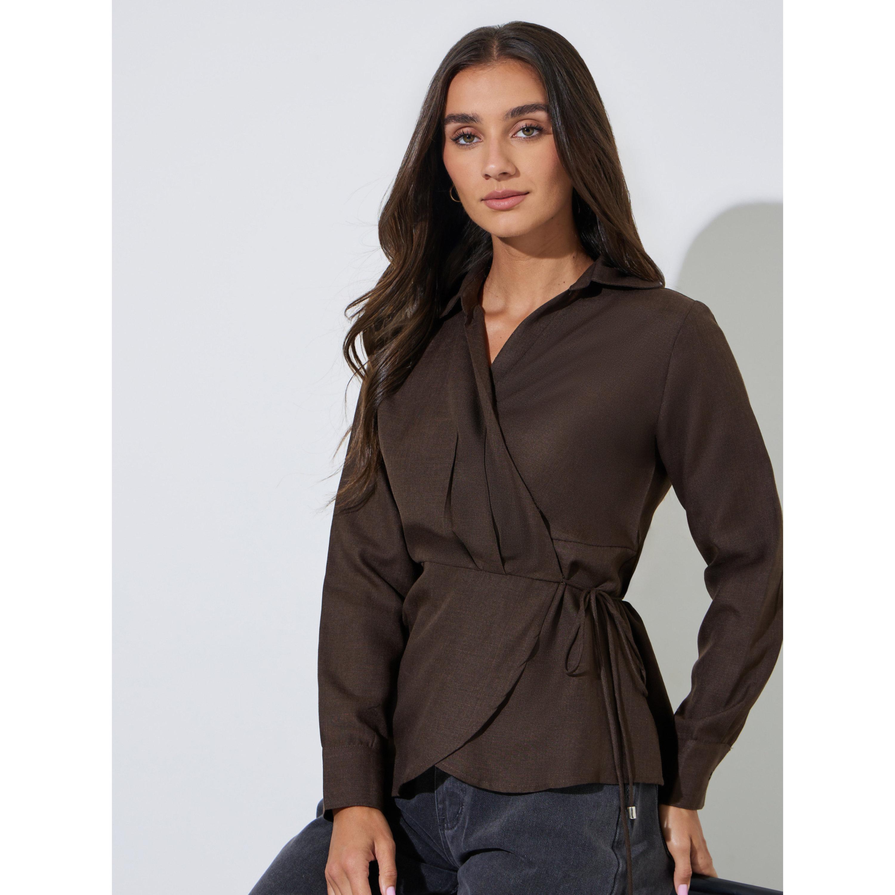 Styli Brown Collared Tie-Up Wrap Blouse-women-clothing-shirtsandblouses-blouses-image-3