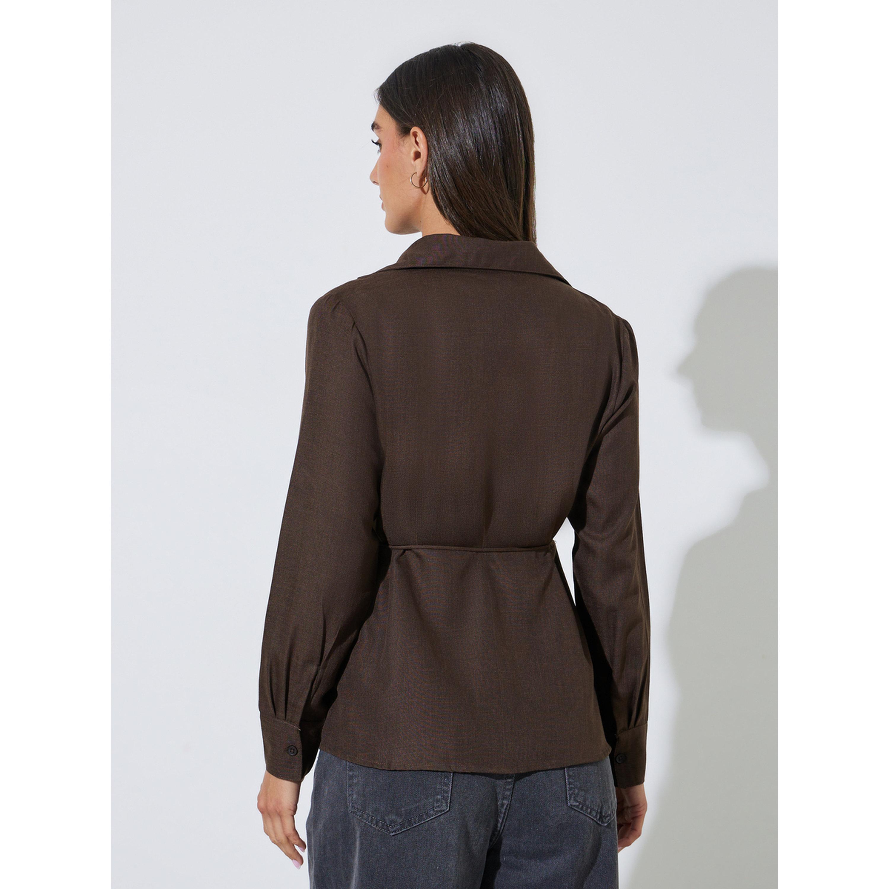 Styli Brown Collared Tie-Up Wrap Blouse-women-clothing-shirtsandblouses-blouses-image-4