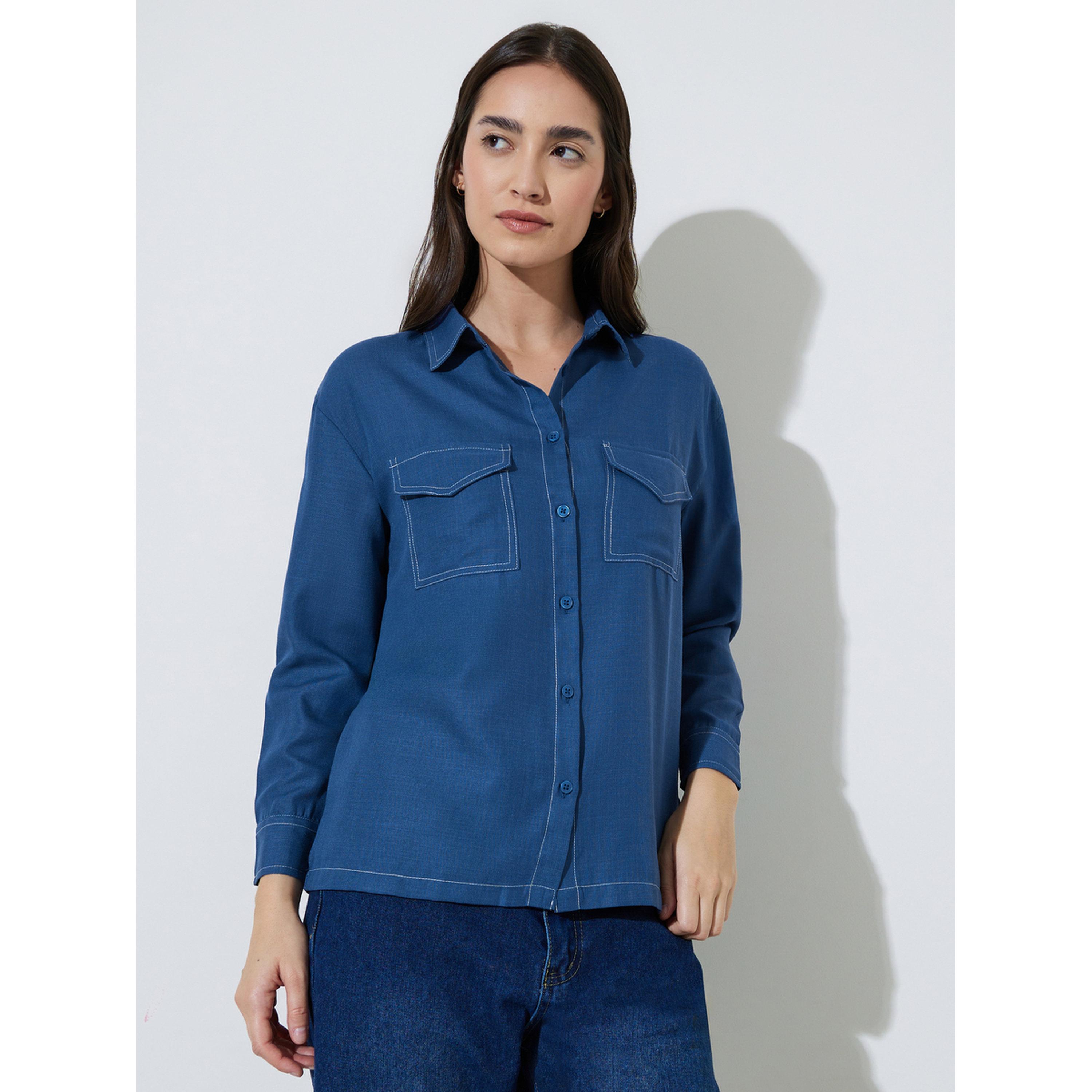 قميص بقصة مريحة بتفاصيل جيوب بلون سادة-women-clothing-shirtsandblouses-shirts-image-1