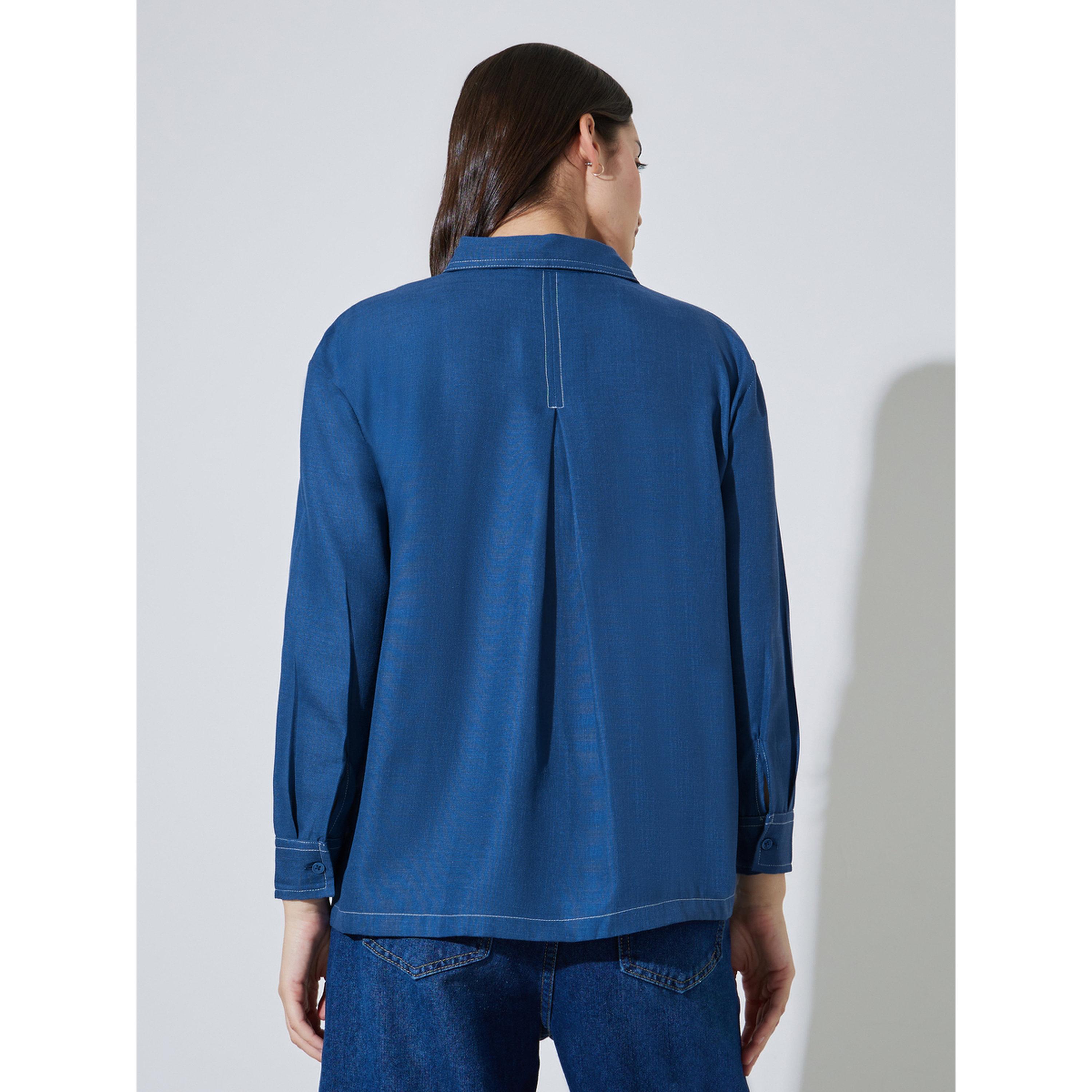 قميص بقصة مريحة بتفاصيل جيوب بلون سادة-women-clothing-shirtsandblouses-shirts-image-3