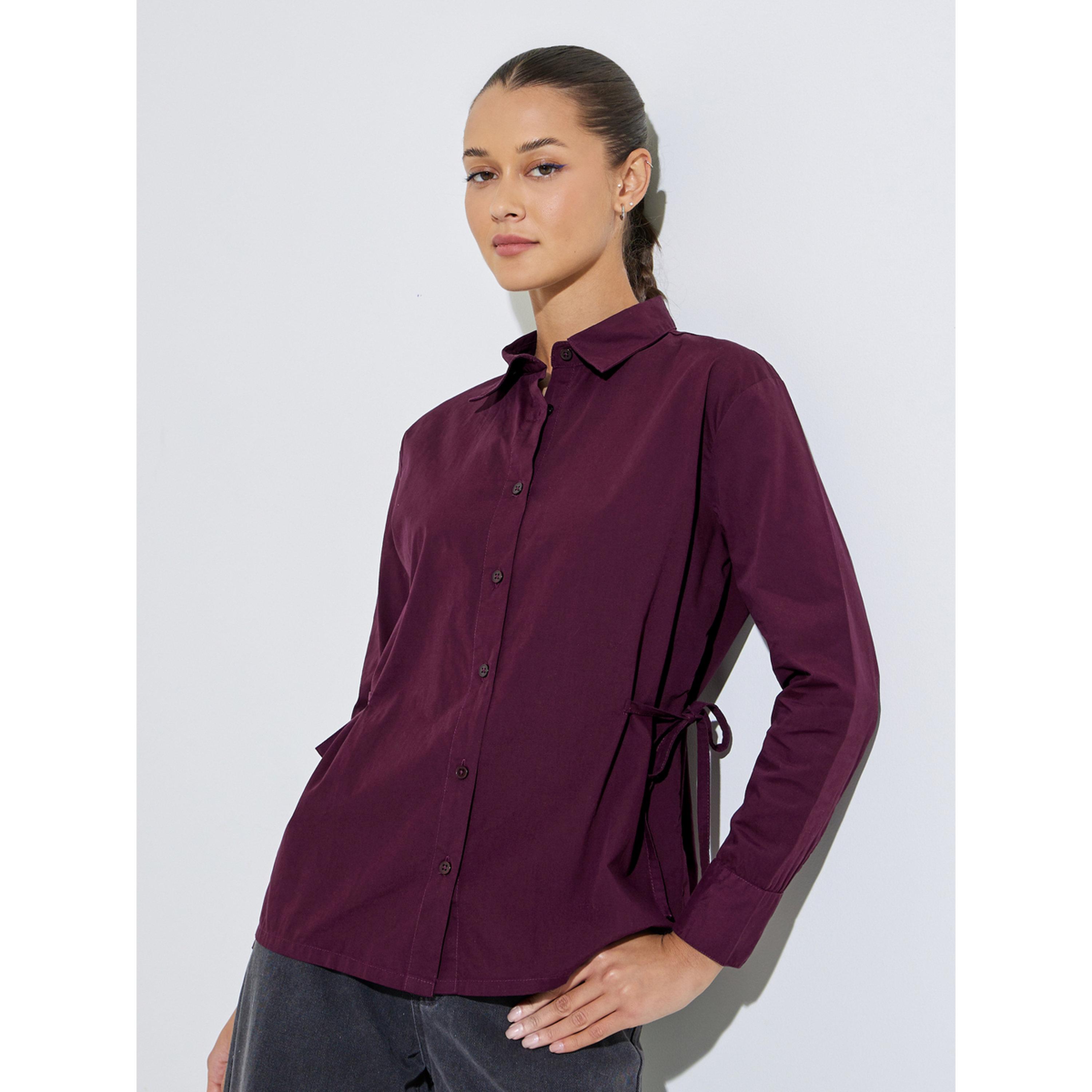 Styli Burgundy Solid Tie-Up Waist Details Regular Fit Shirt-women-clothing-shirtsandblouses-shirts-image-1