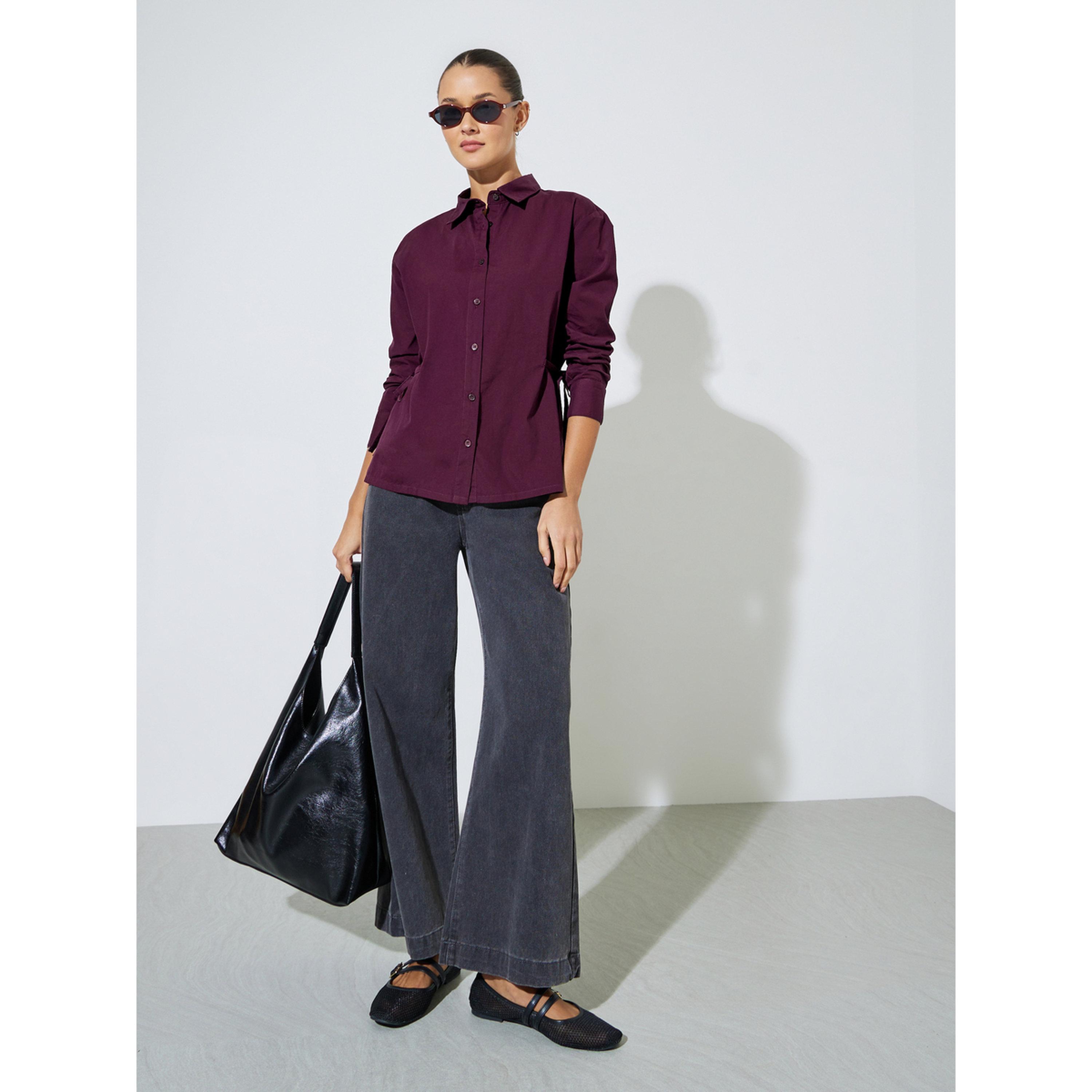 Styli Burgundy Solid Tie-Up Waist Details Regular Fit Shirt-women-clothing-shirtsandblouses-shirts-image-2