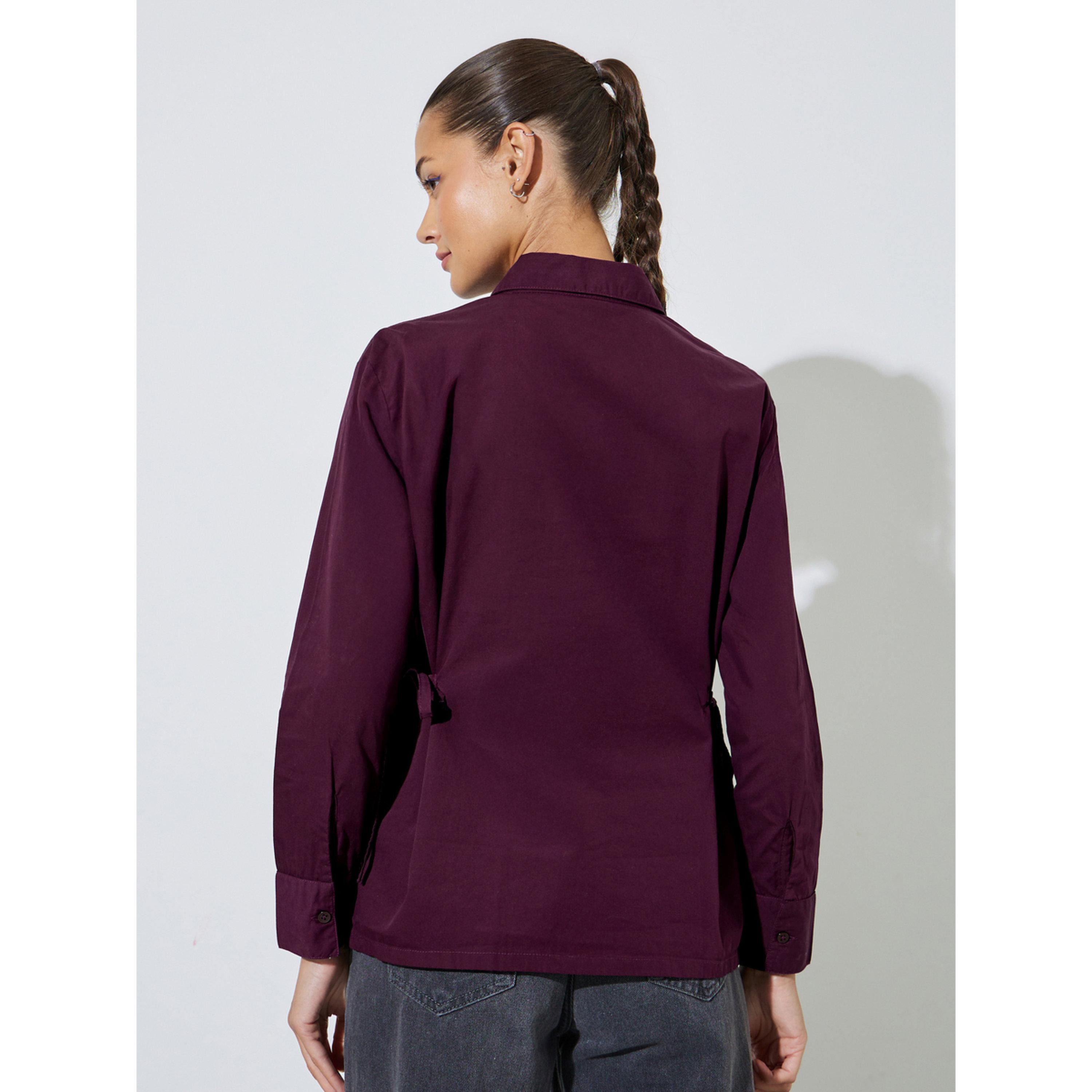 Styli Burgundy Solid Tie-Up Waist Details Regular Fit Shirt-women-clothing-shirtsandblouses-shirts-image-3
