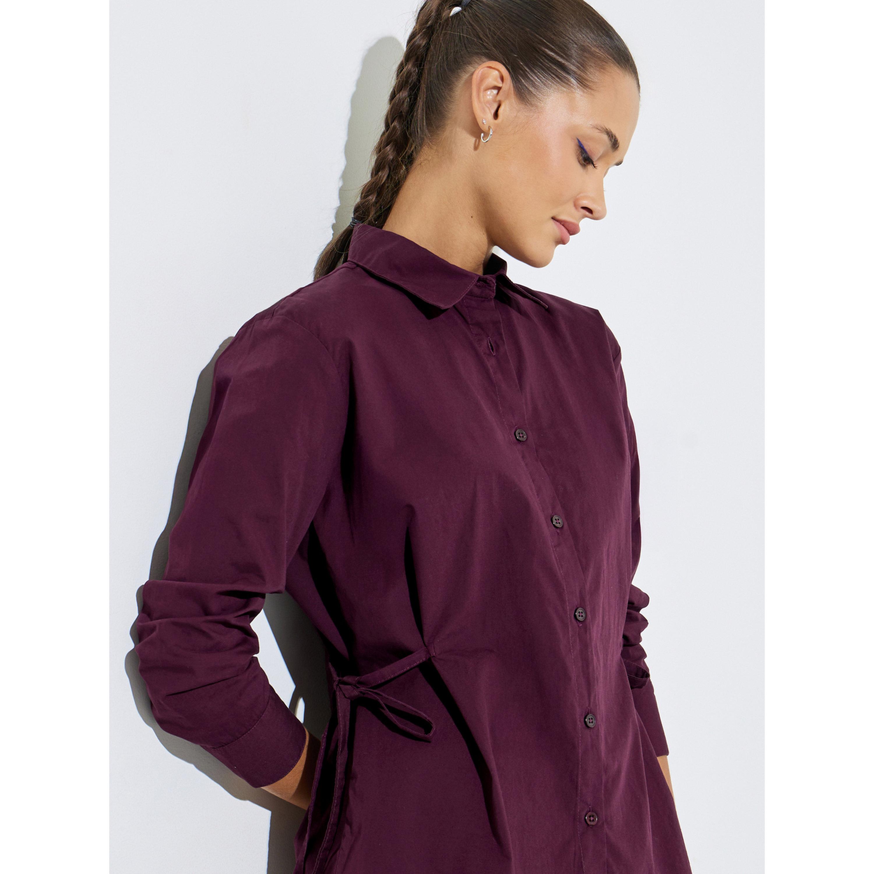 Styli Burgundy Solid Tie-Up Waist Details Regular Fit Shirt-women-clothing-shirtsandblouses-shirts-image-5