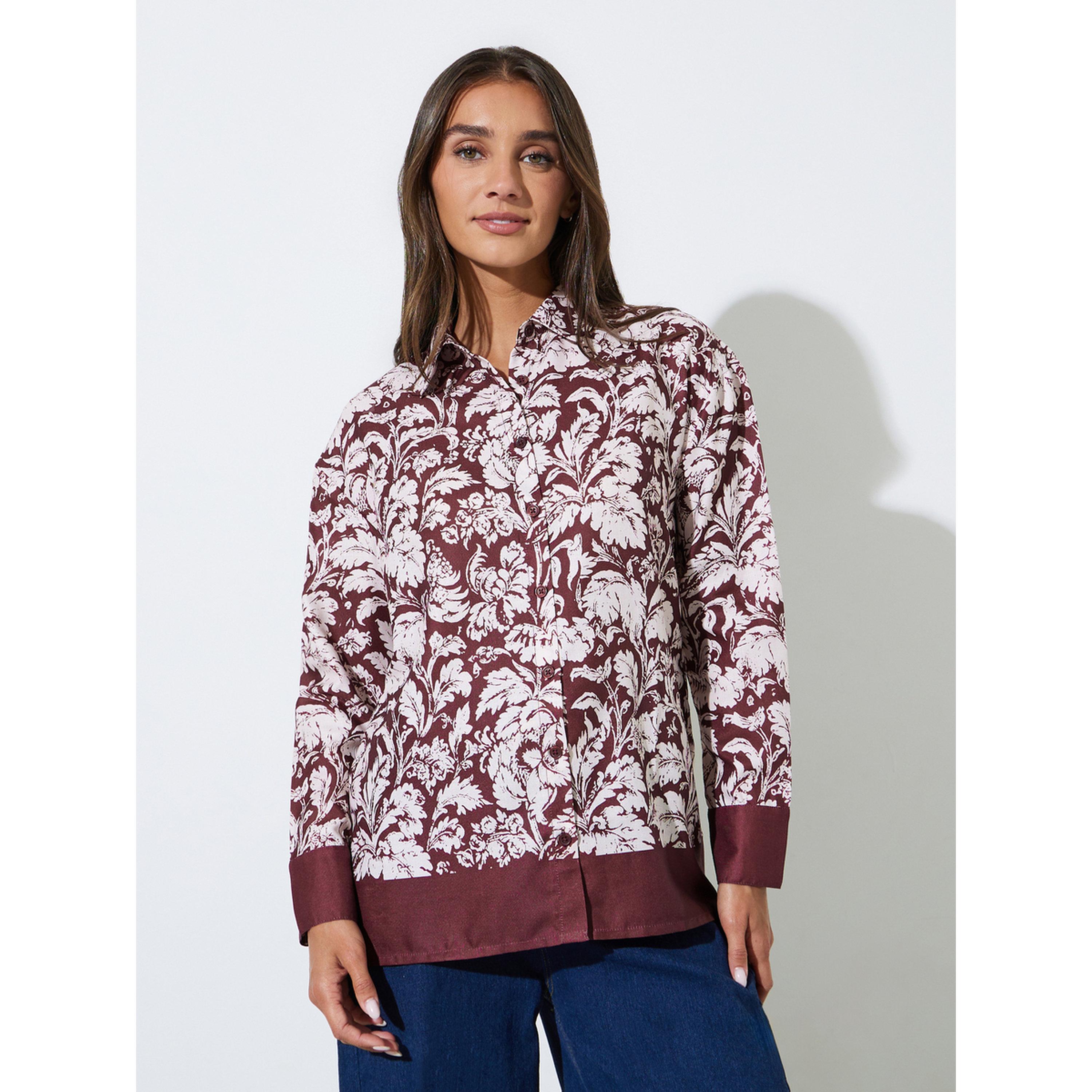Styli Burgundy Tropical Print Long Sleeves Shirt-women-clothing-shirtsandblouses-shirts-image-1