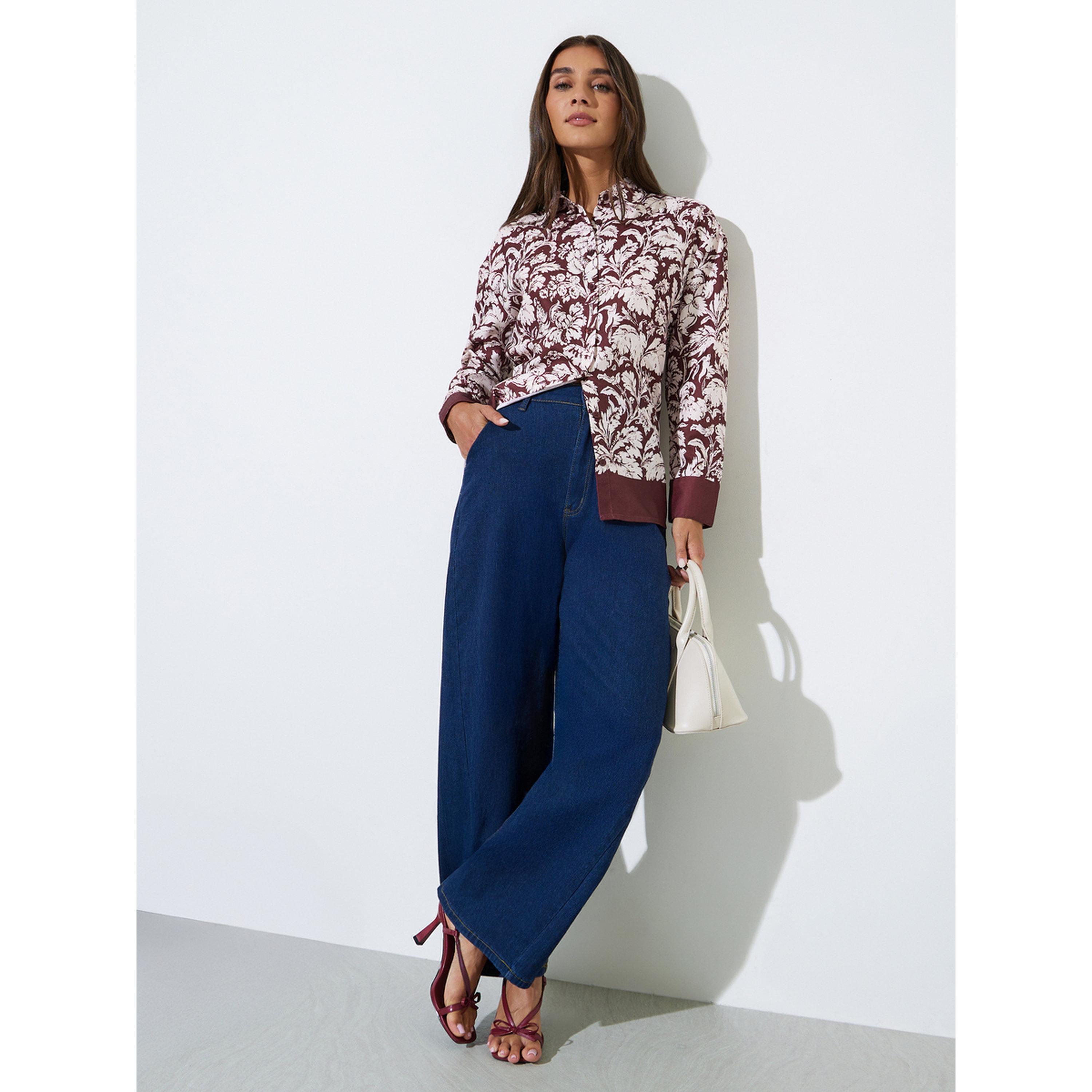 Styli Burgundy Tropical Print Long Sleeves Shirt-women-clothing-shirtsandblouses-shirts-image-2