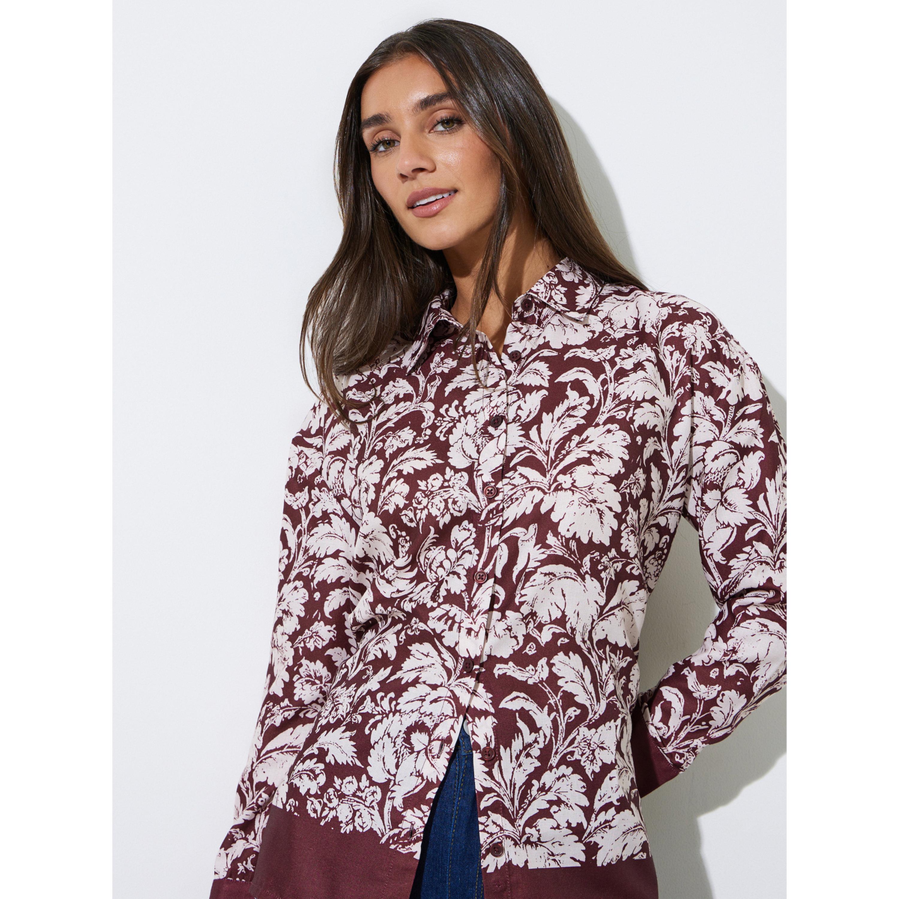Styli Burgundy Tropical Print Long Sleeves Shirt-women-clothing-shirtsandblouses-shirts-image-3