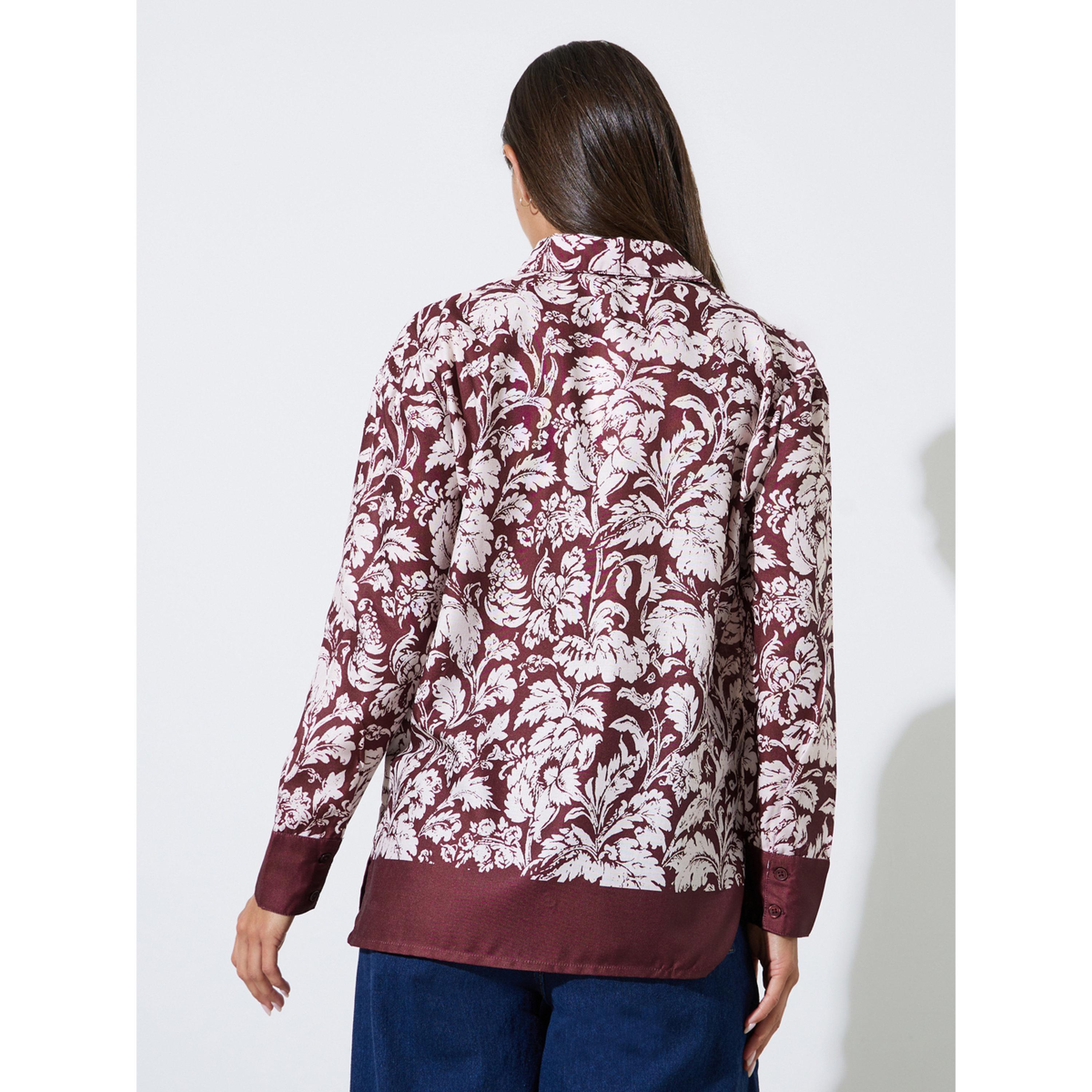 Styli Burgundy Tropical Print Long Sleeves Shirt-women-clothing-shirtsandblouses-shirts-image-4