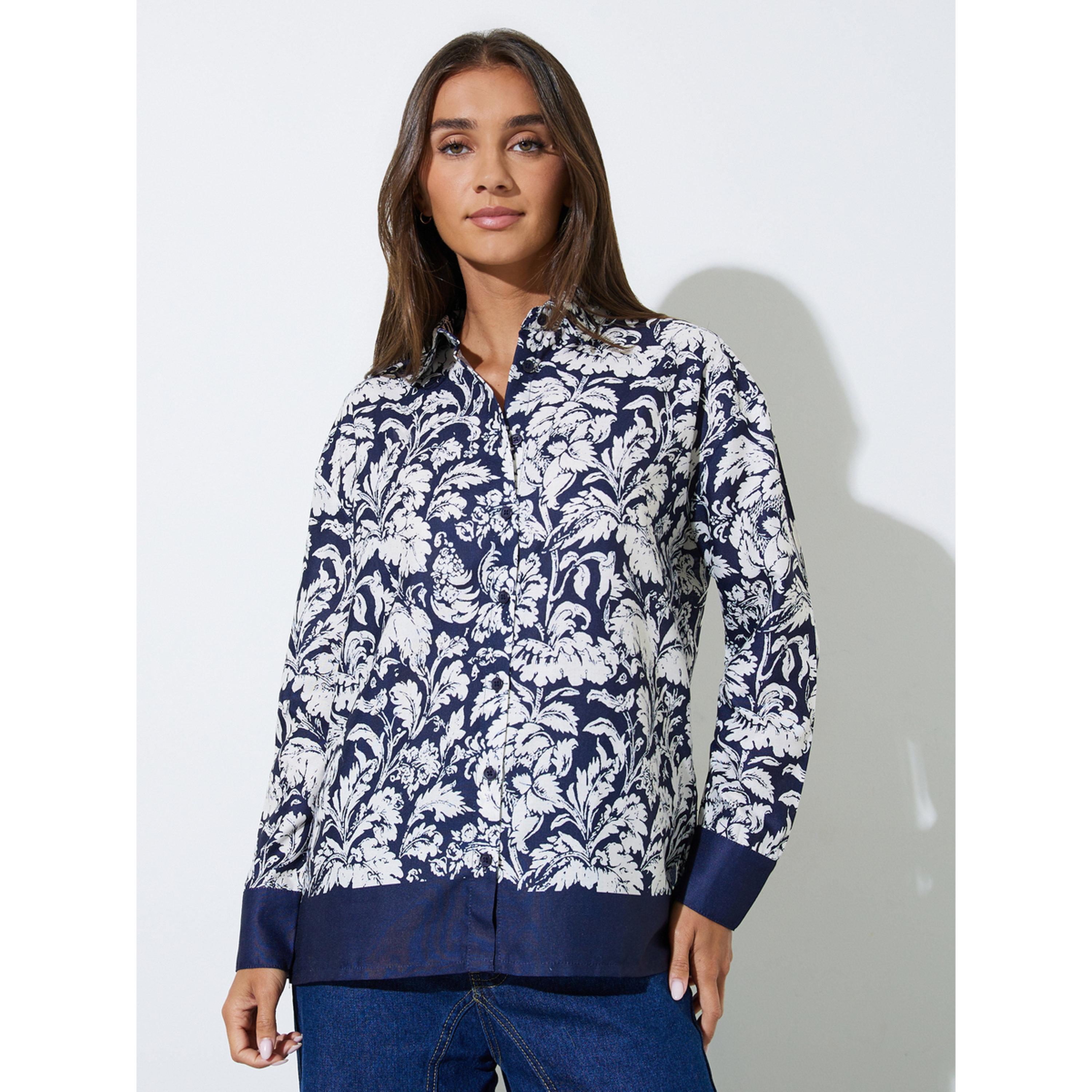 Styli Navy Blue Tropical Print Long Sleeves Shirt-women-clothing-shirtsandblouses-shirts-image-1