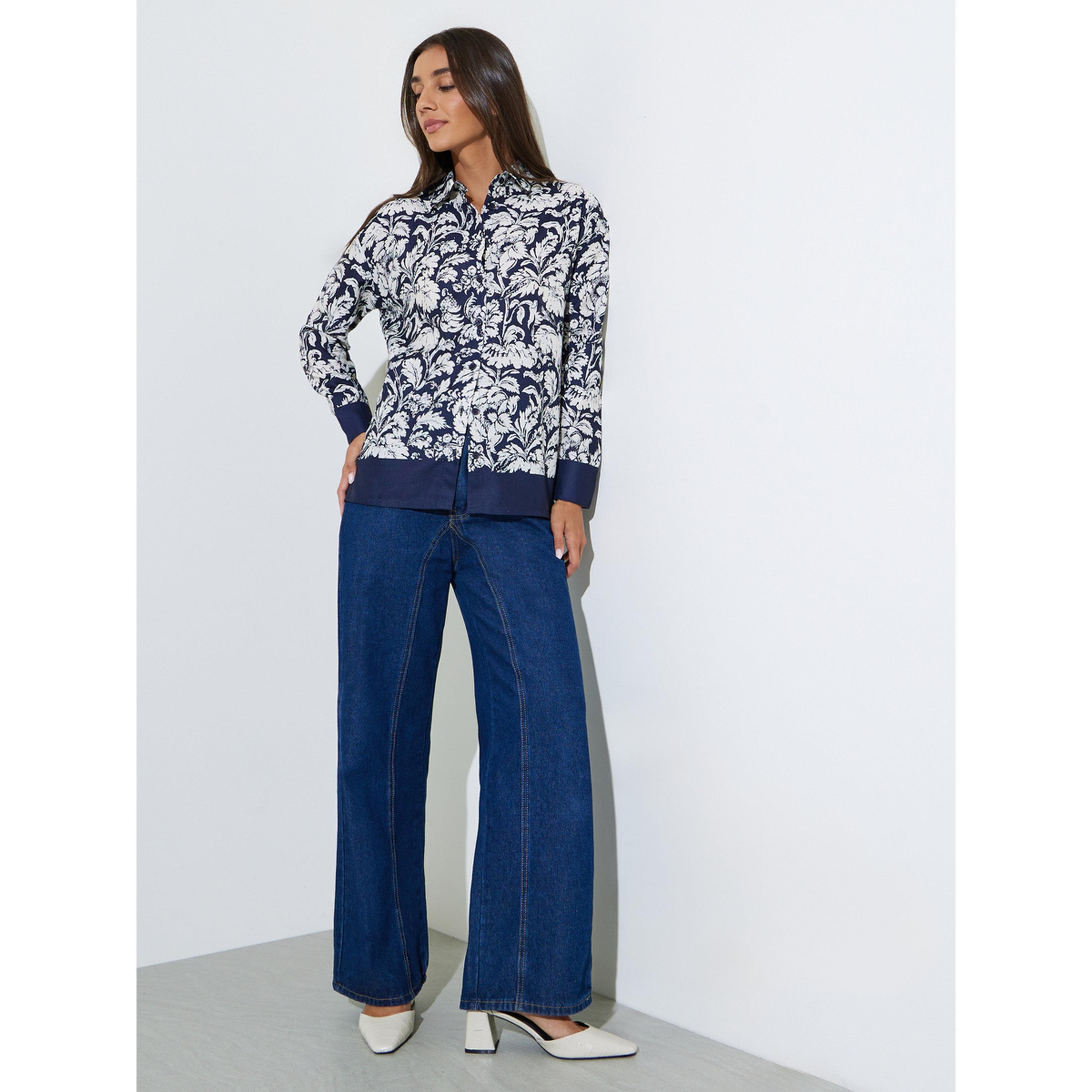 Styli Navy Blue Tropical Print Long Sleeves Shirt-women-clothing-shirtsandblouses-shirts-image-2