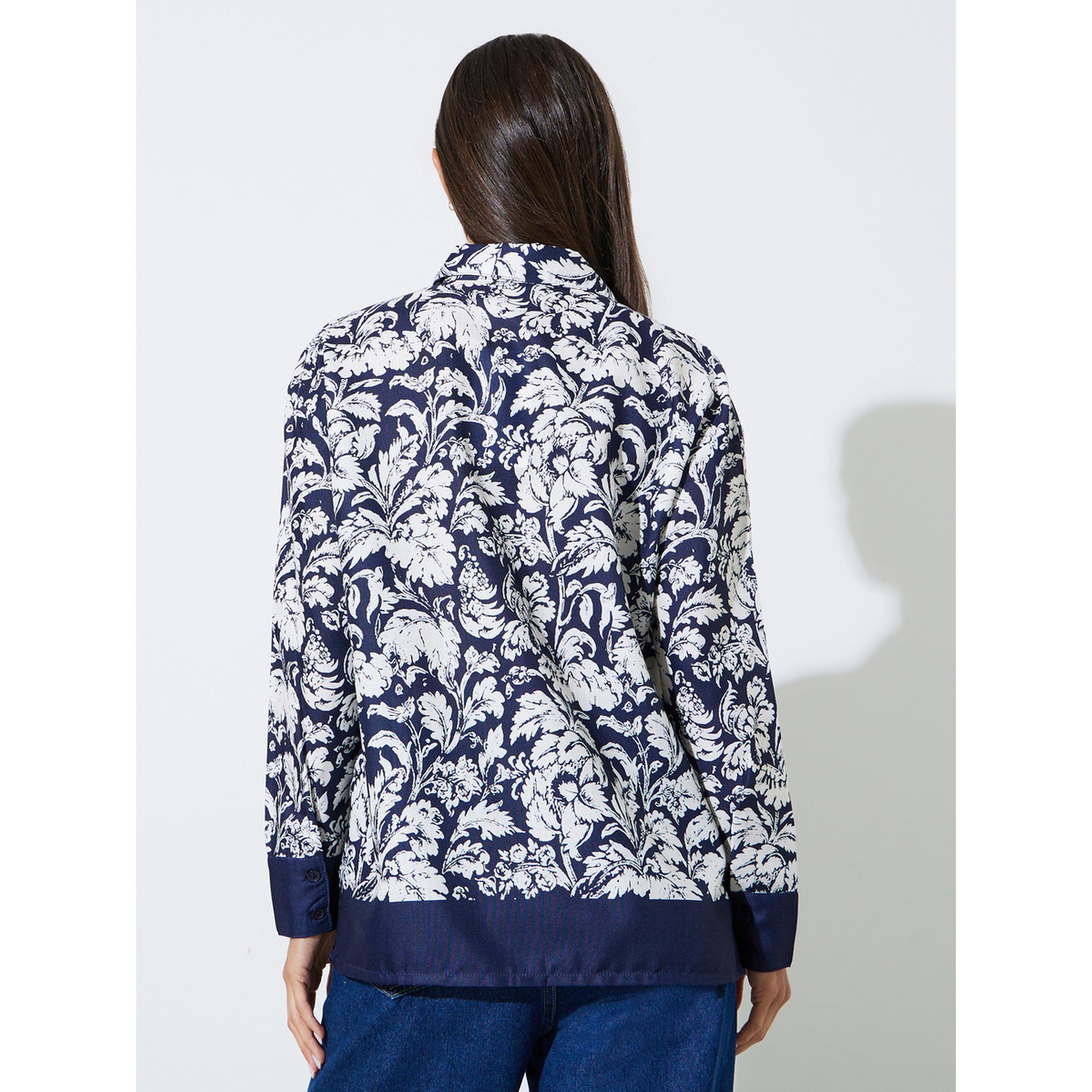 Styli Navy Blue Tropical Print Long Sleeves Shirt-women-clothing-shirtsandblouses-shirts-image-3