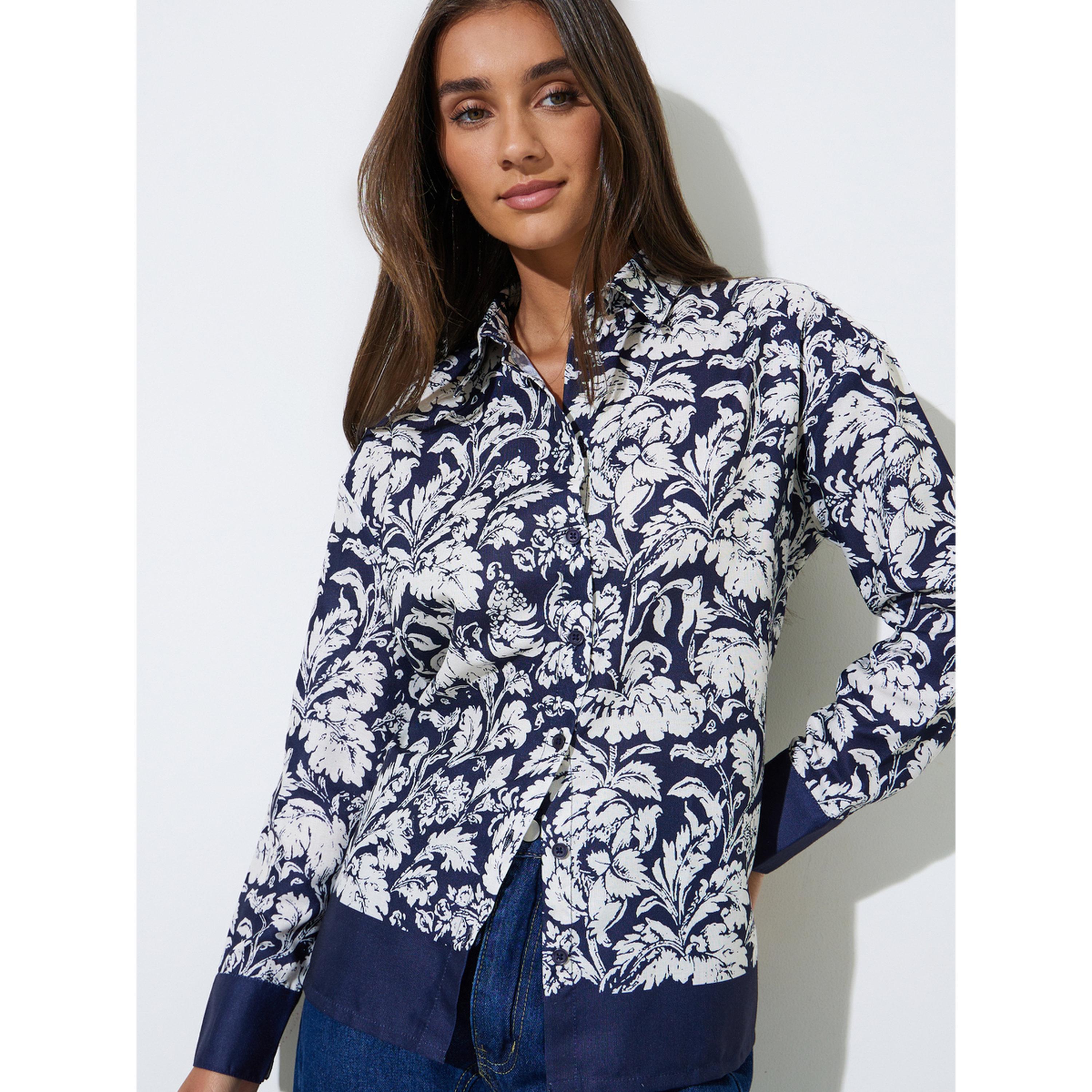 Styli Navy Blue Tropical Print Long Sleeves Shirt-women-clothing-shirtsandblouses-shirts-image-5
