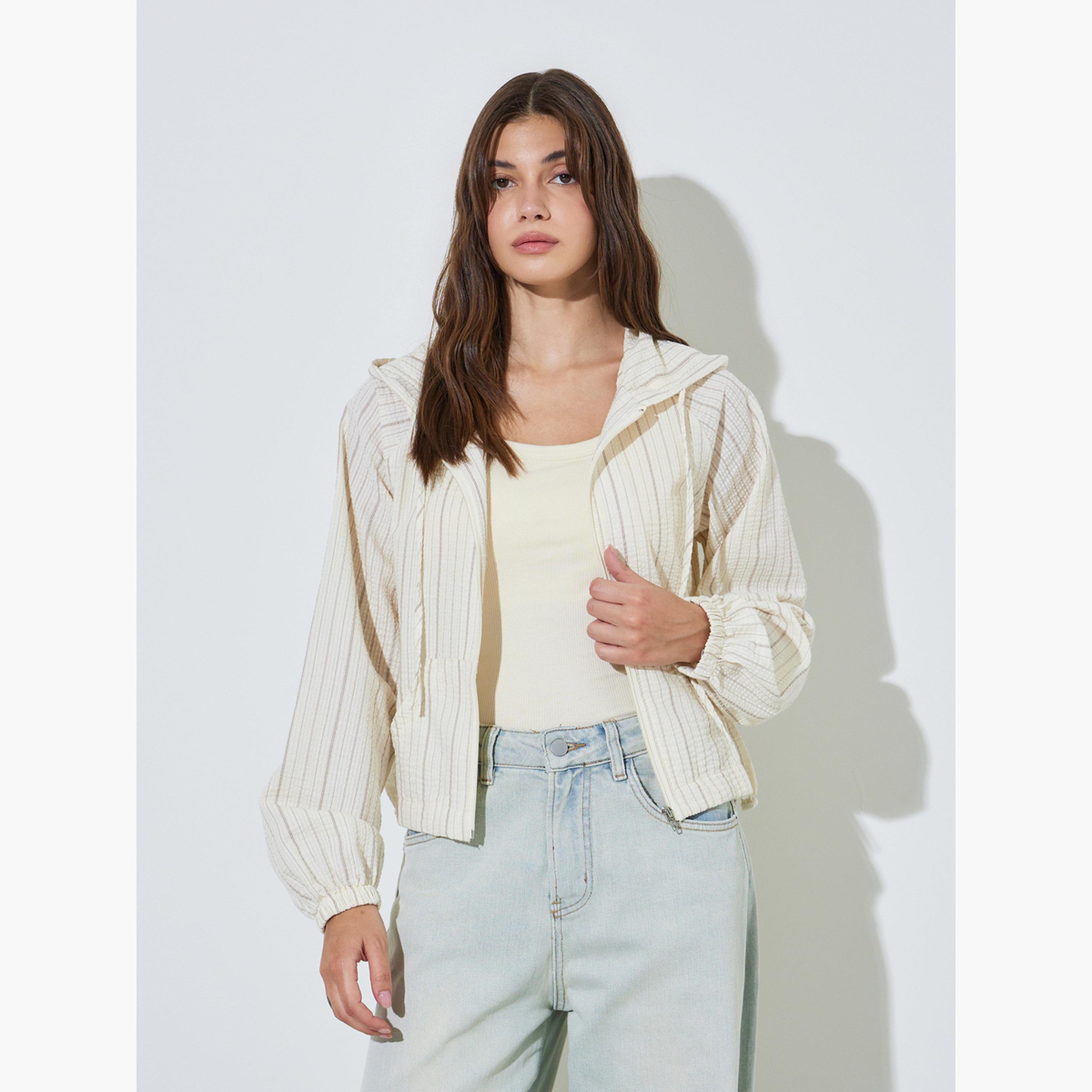 Styli Cream Textured Hooded Lightweight Jacket-women-winterwear-coatsandjackets-jackets-image-3