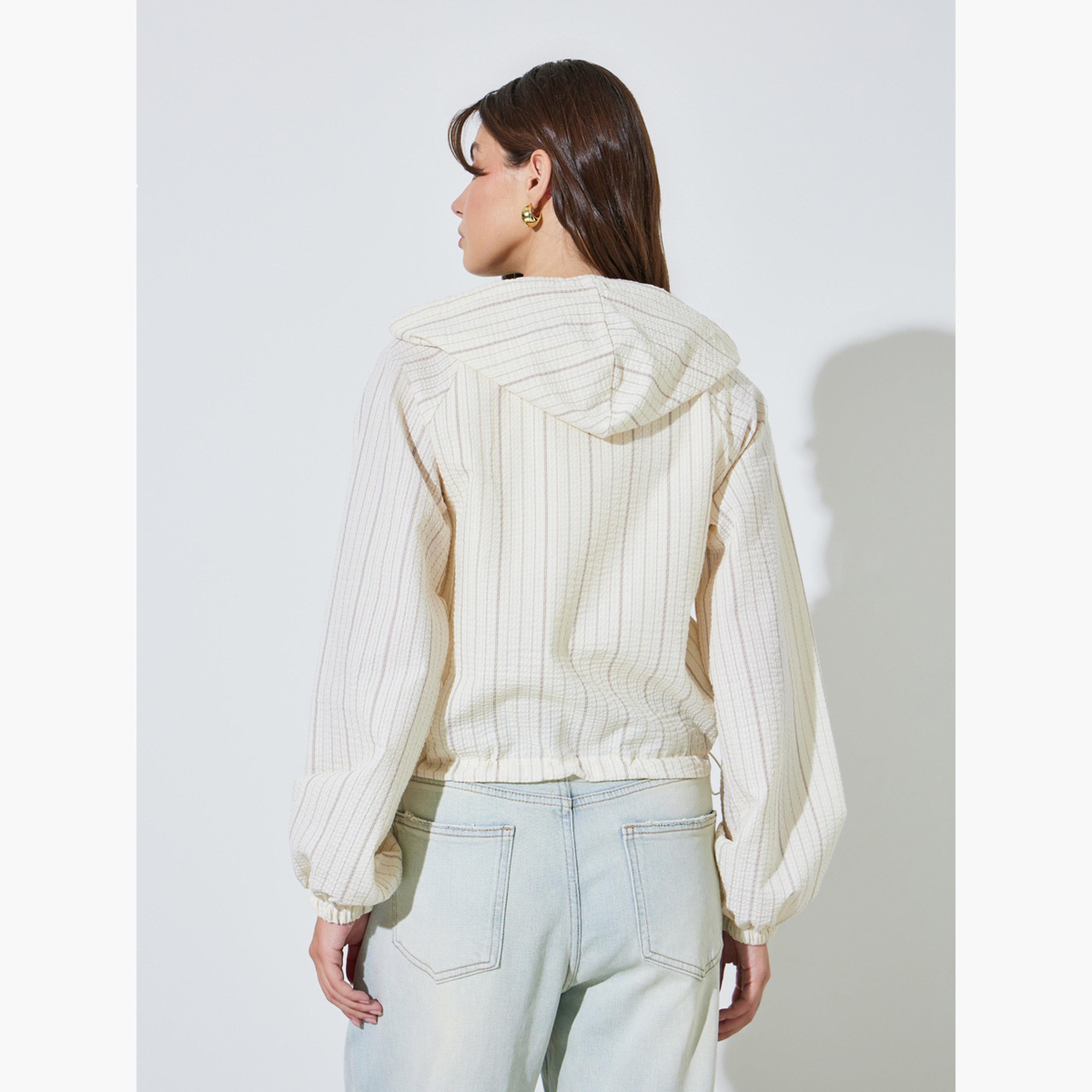 Styli Cream Textured Hooded Lightweight Jacket-women-winterwear-coatsandjackets-jackets-image-4