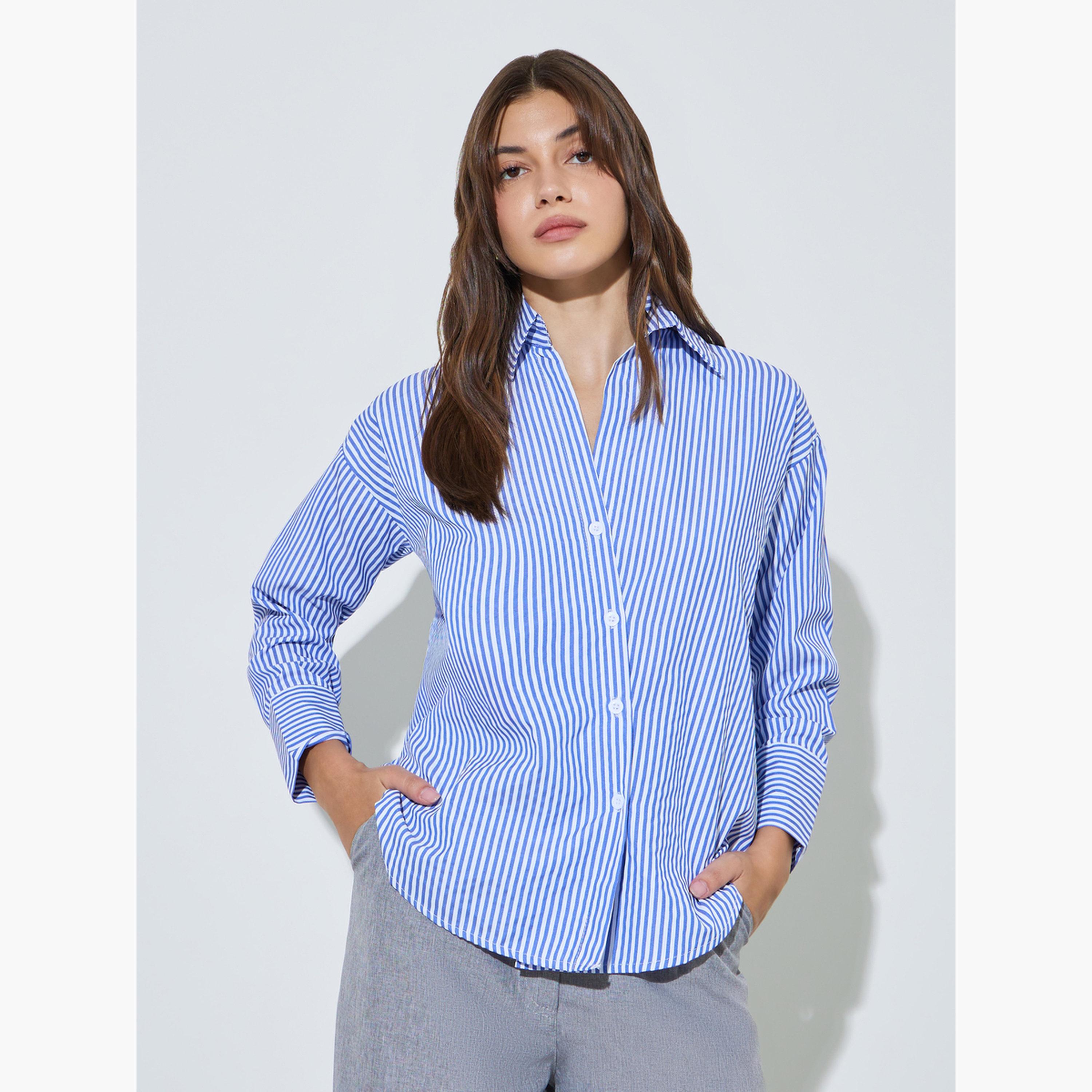 Styli Blue Striped Long Sleeves Oversized Shirt-women-clothing-shirtsandblouses-shirts-image-1