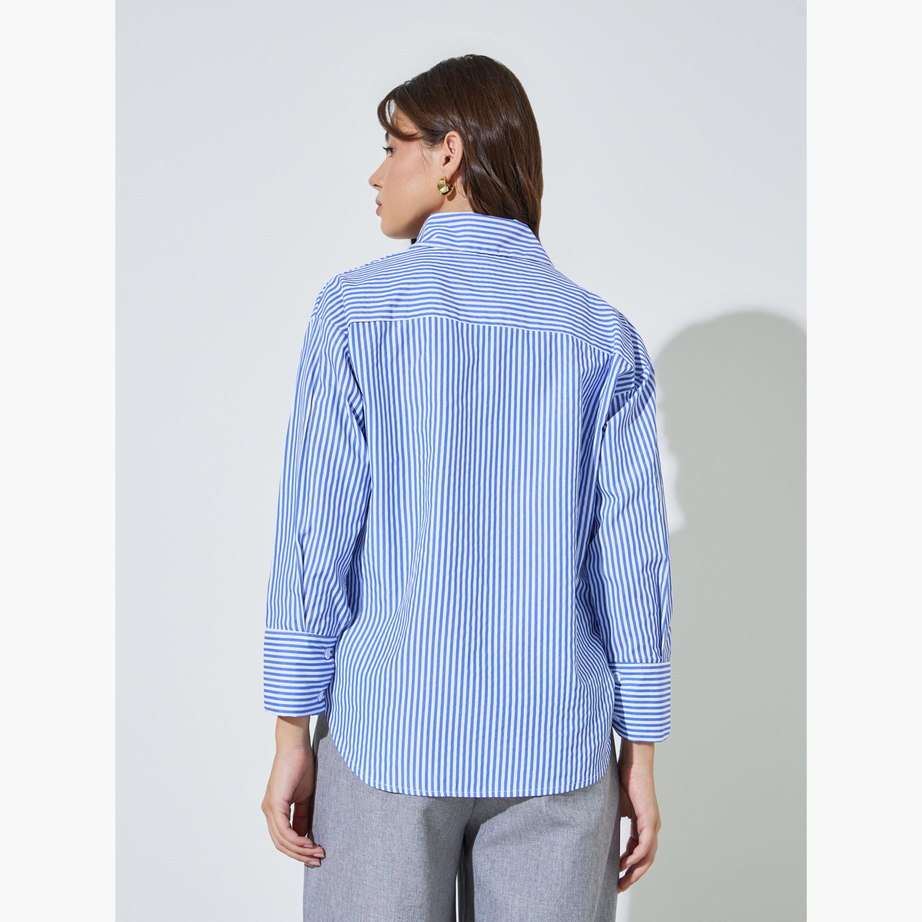 Styli Blue Striped Long Sleeves Oversized Shirt-women-clothing-shirtsandblouses-shirts-image-3