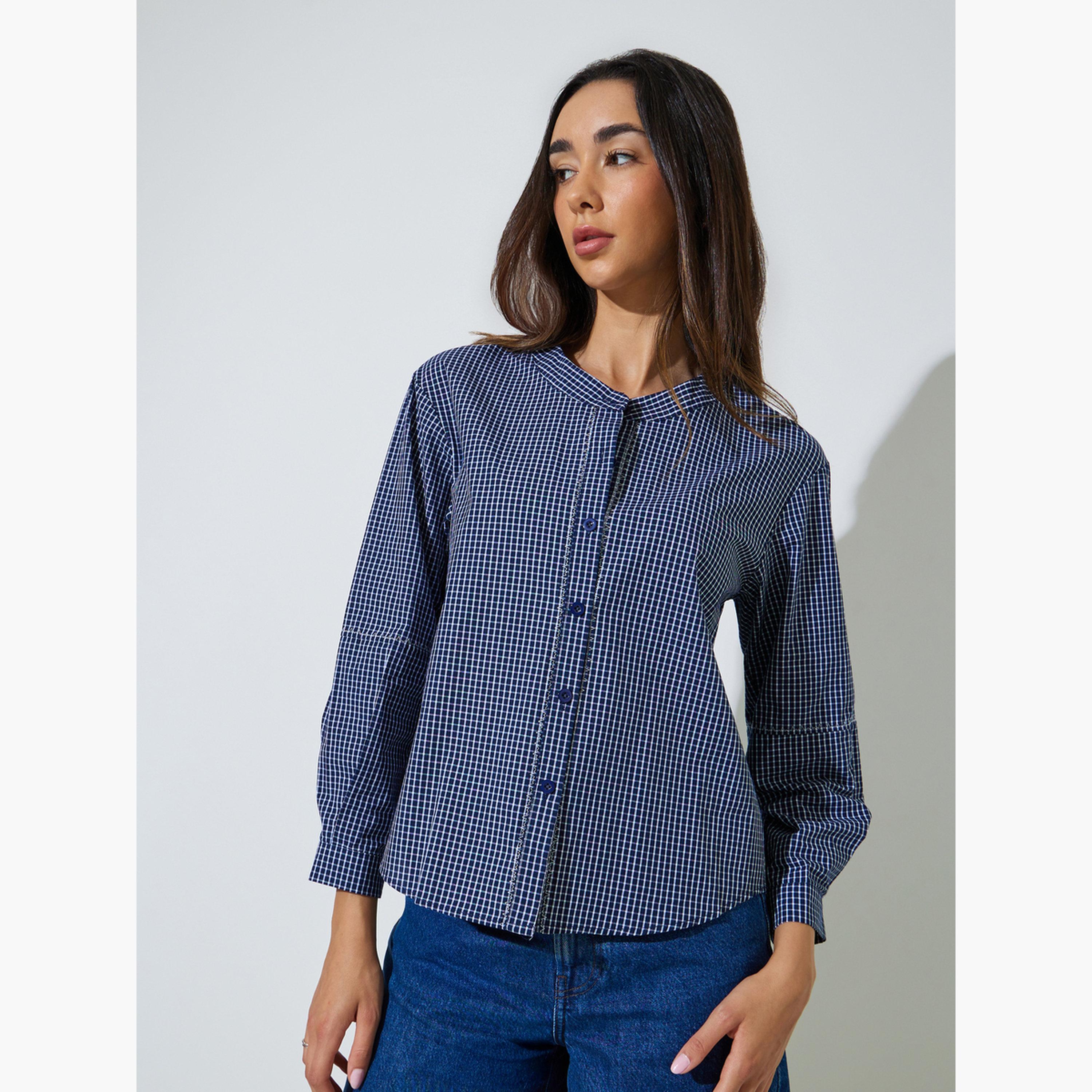بلوزة بأكمام طويلة ونمط مربعات-women-clothing-shirtsandblouses-blouses-image-1