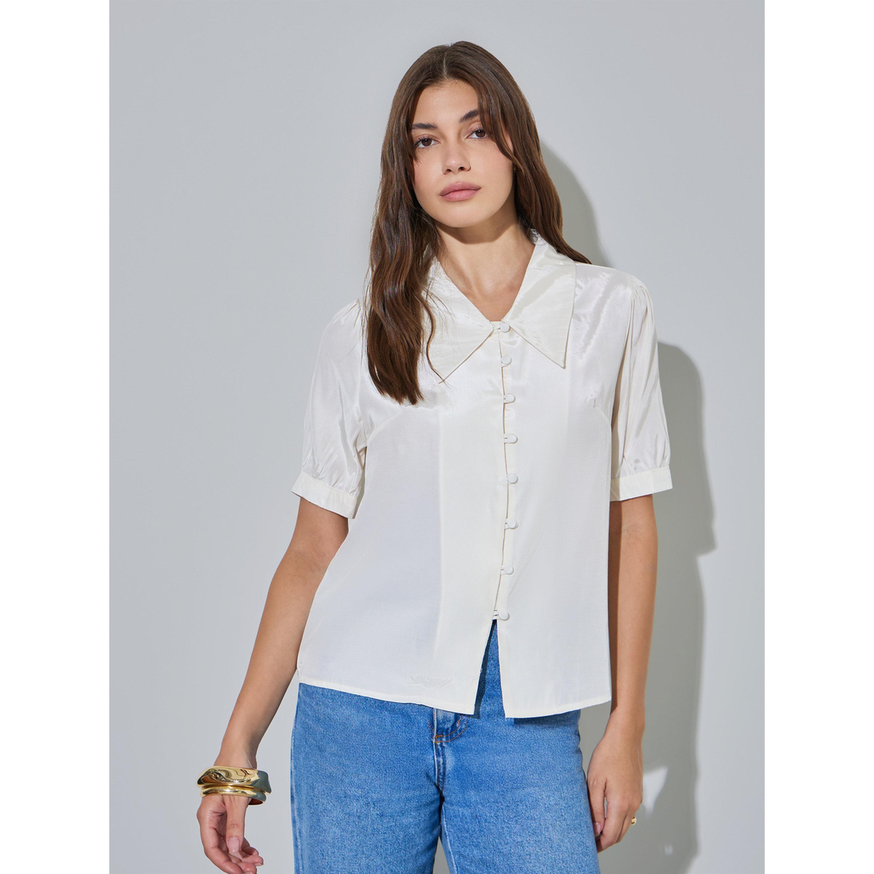 Styli White Solid Short Sleeves Button-Up Casual Shirt-women-clothing-shirtsandblouses-shirts-image-1