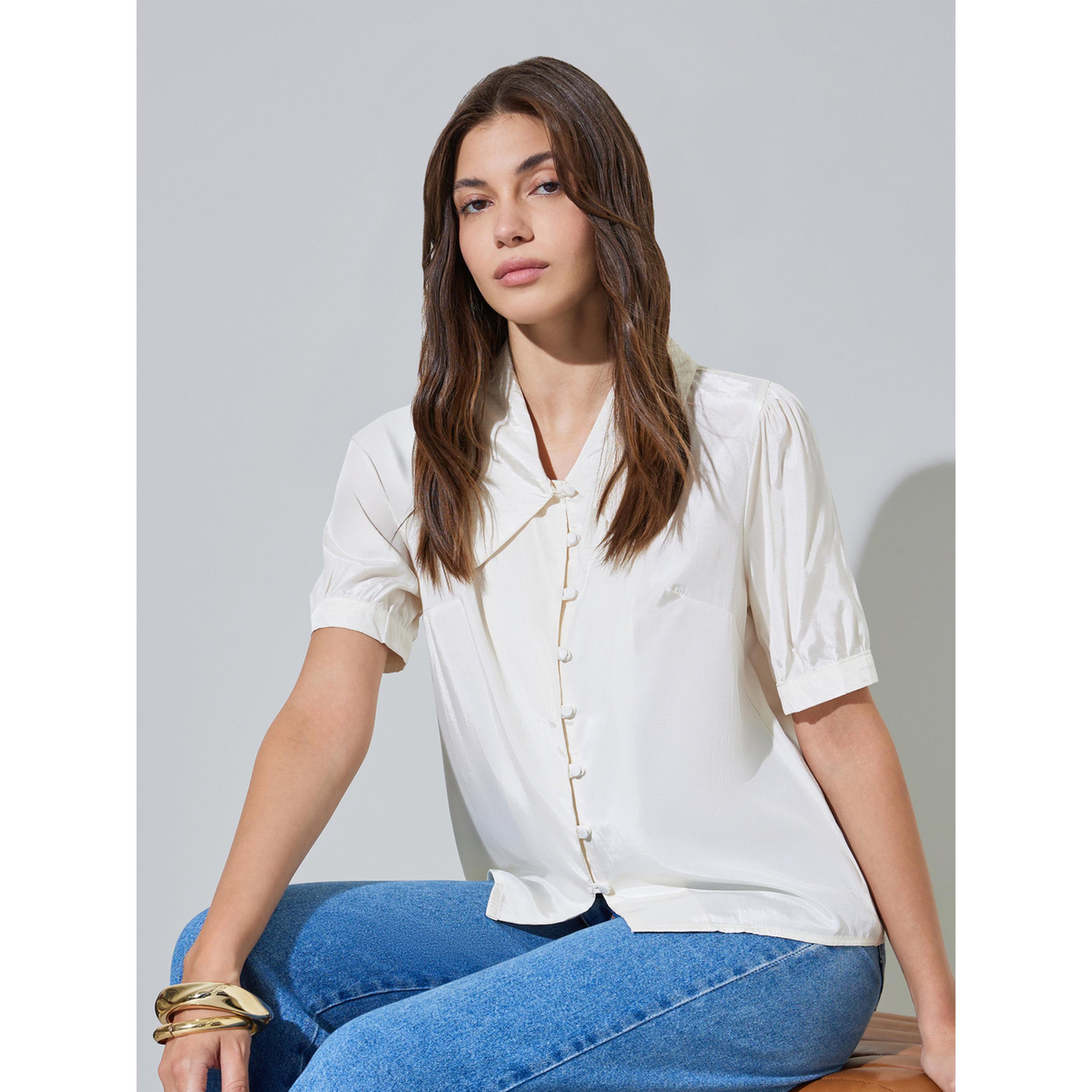 Styli White Solid Short Sleeves Button-Up Casual Shirt-women-clothing-shirtsandblouses-shirts-image-4