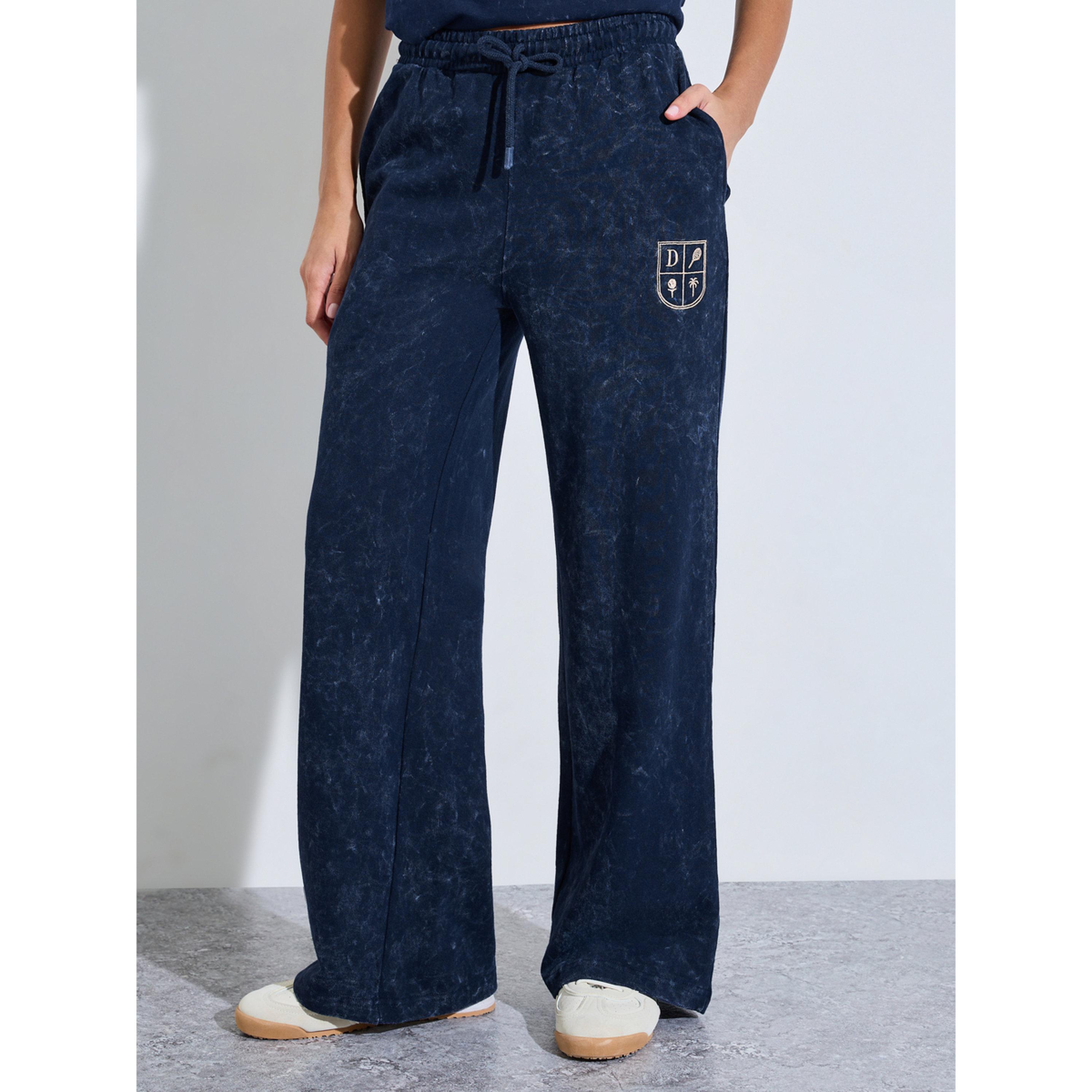 Styli Navy Blue Acid Wash Embroidered Wide Leg Joggers-women-clothing-joggers-image-1