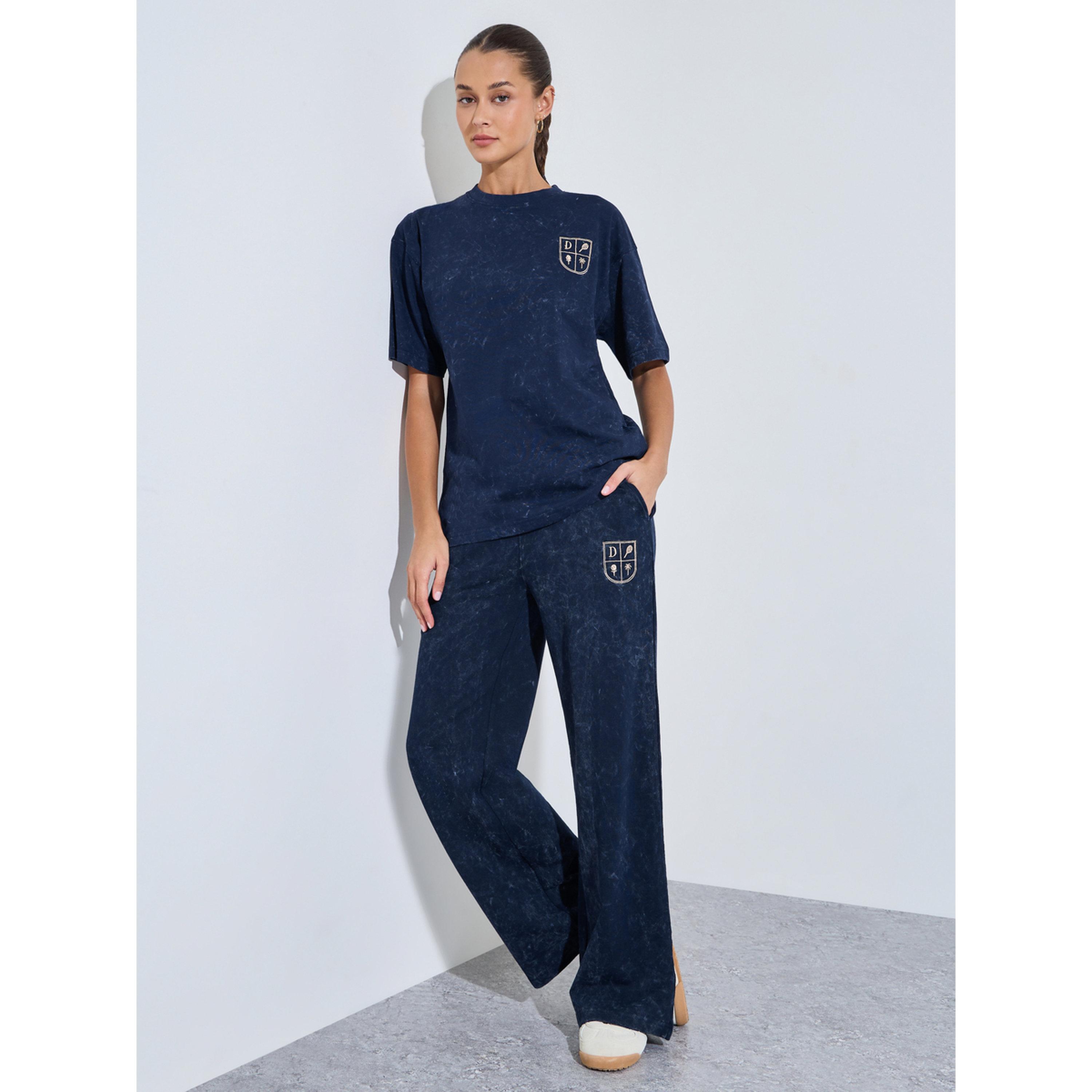 Styli Navy Blue Acid Wash Embroidered Wide Leg Joggers-women-clothing-joggers-image-2