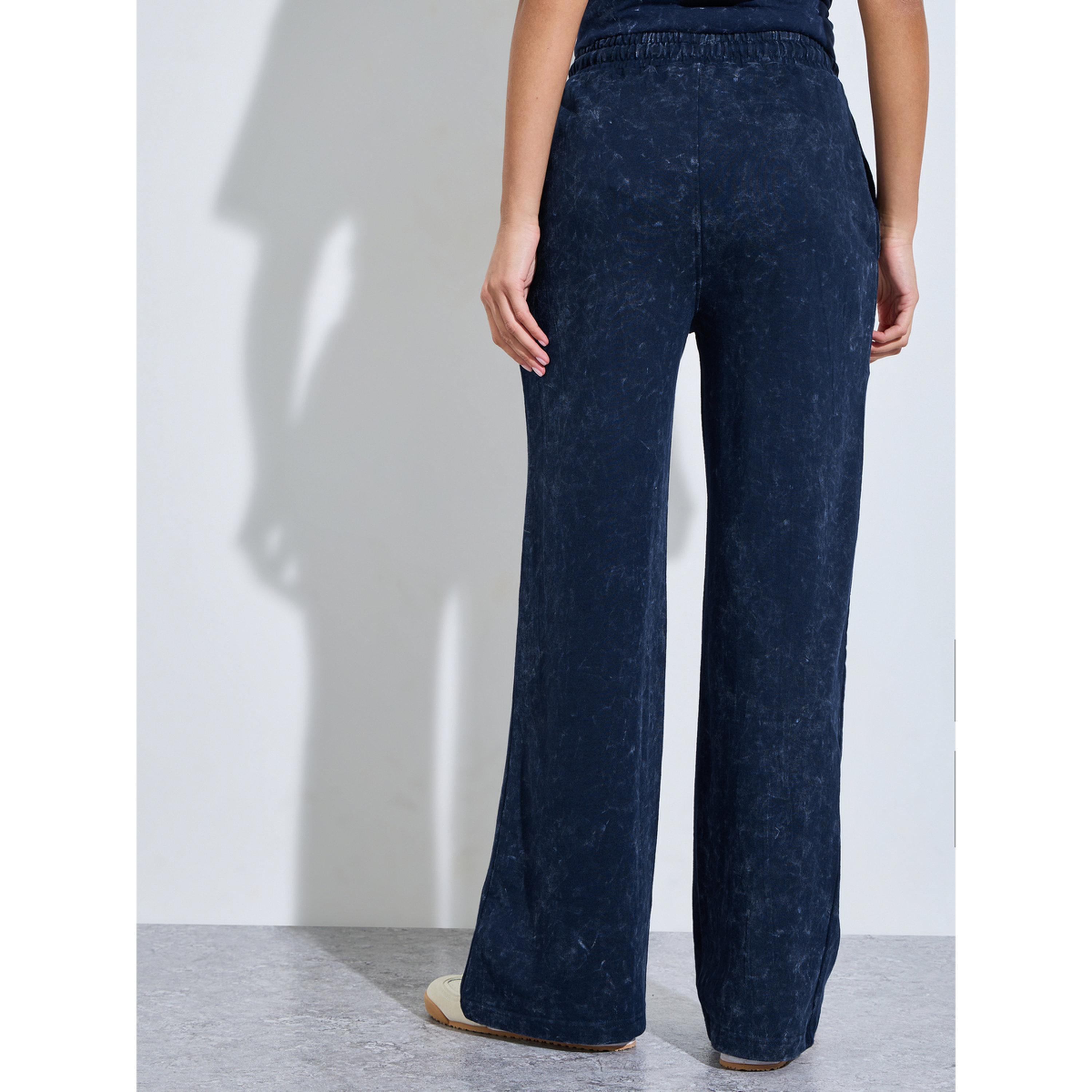 Styli Navy Blue Acid Wash Embroidered Wide Leg Joggers-women-clothing-joggers-image-3