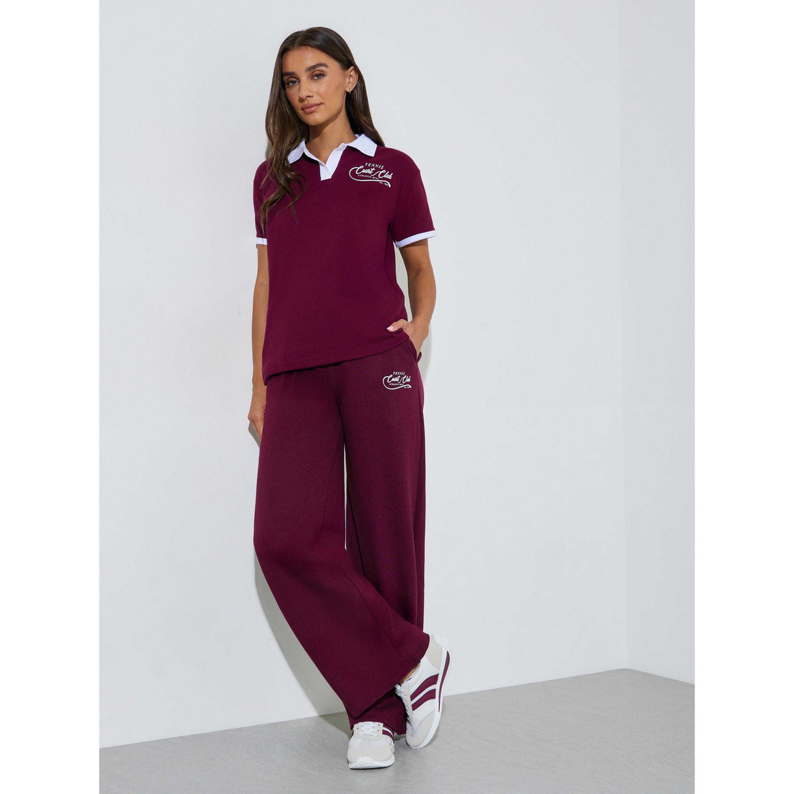 Styli Burgundy Slogan Print Wide Leg Joggers-women-clothing-joggers-image-2