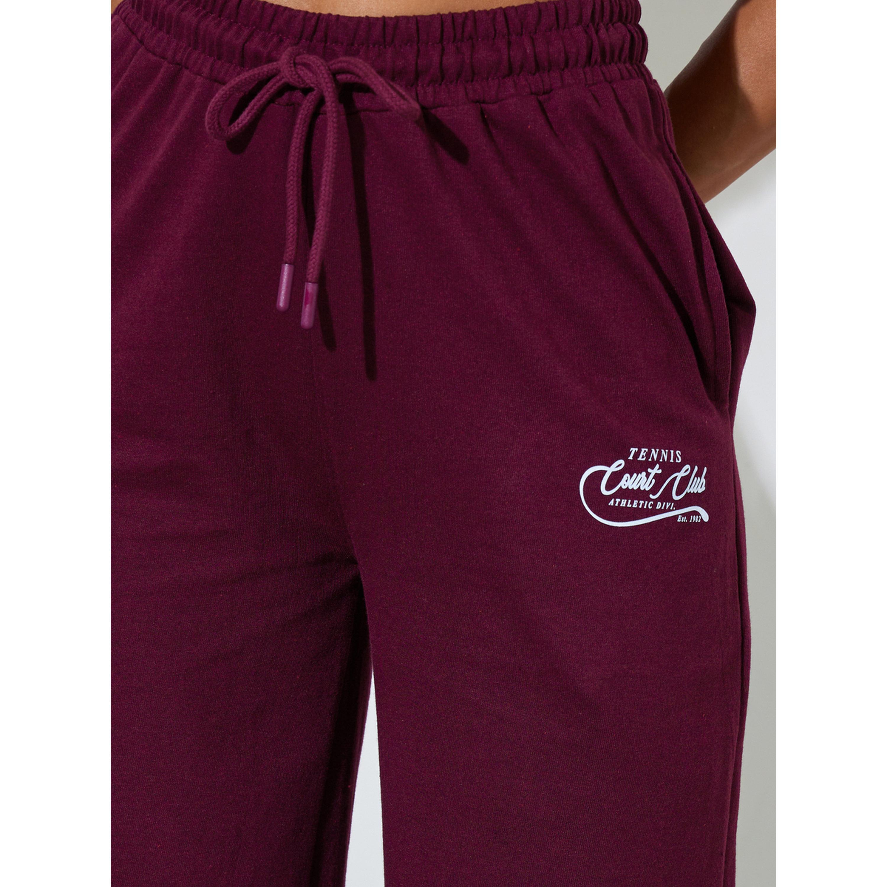 Styli Burgundy Slogan Print Wide Leg Joggers-women-clothing-joggers-image-3