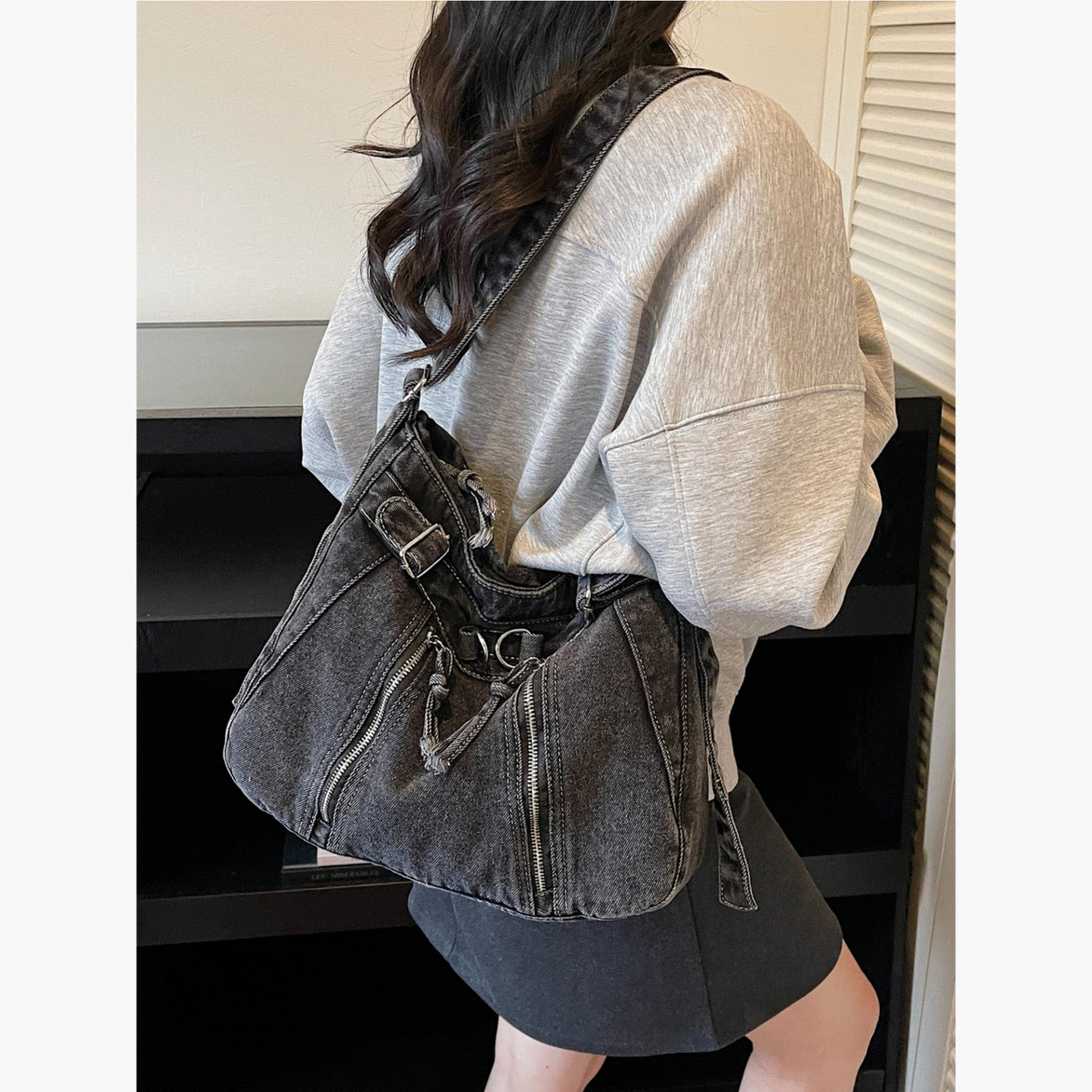 Take Two Black Denim Shoulder Bag with Zip Detail-women-bagsandwallets-handbags-image-4