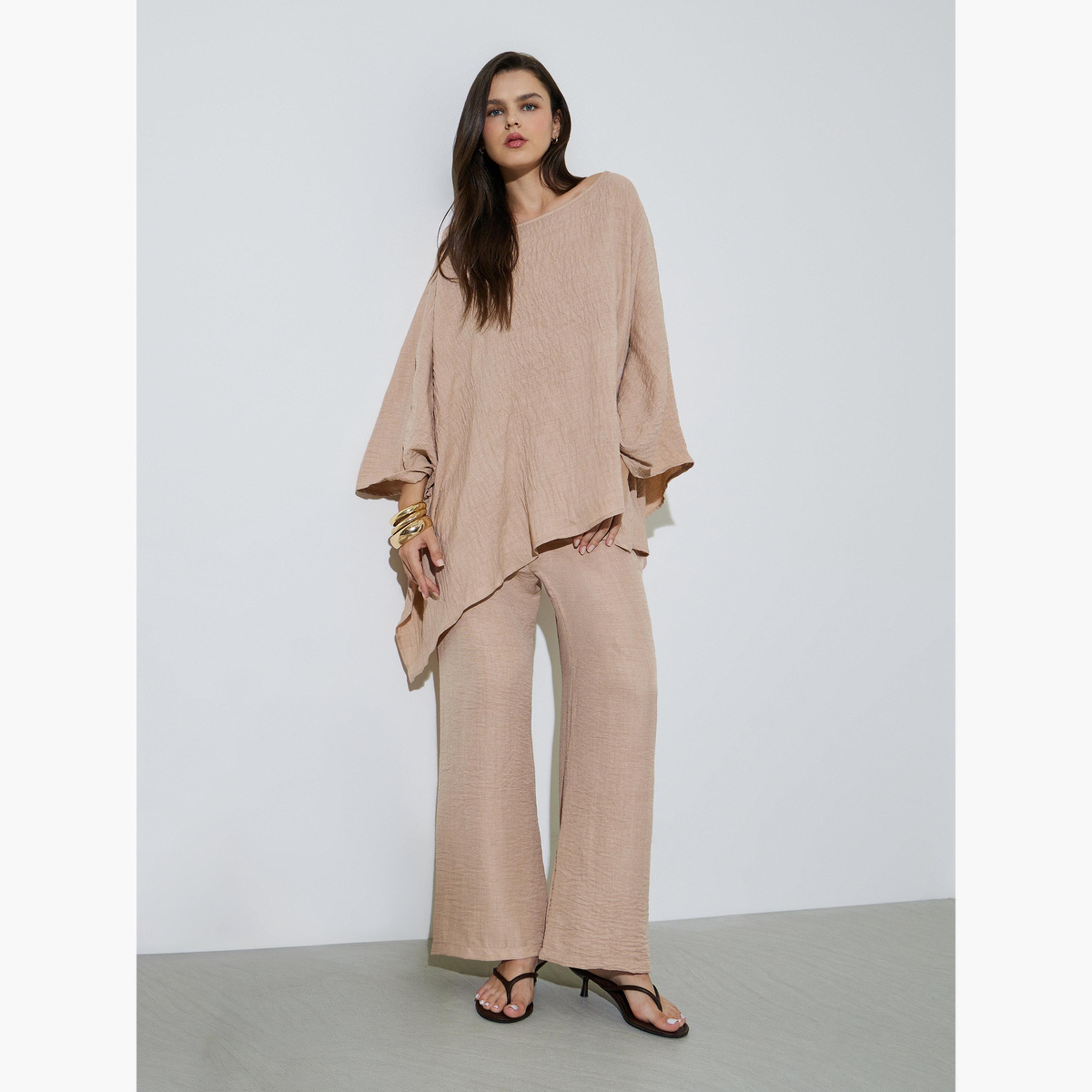 Take Two Beige Crinkled Long Top and Pants Co-ord Set-women-clothing-coordsets-image-1